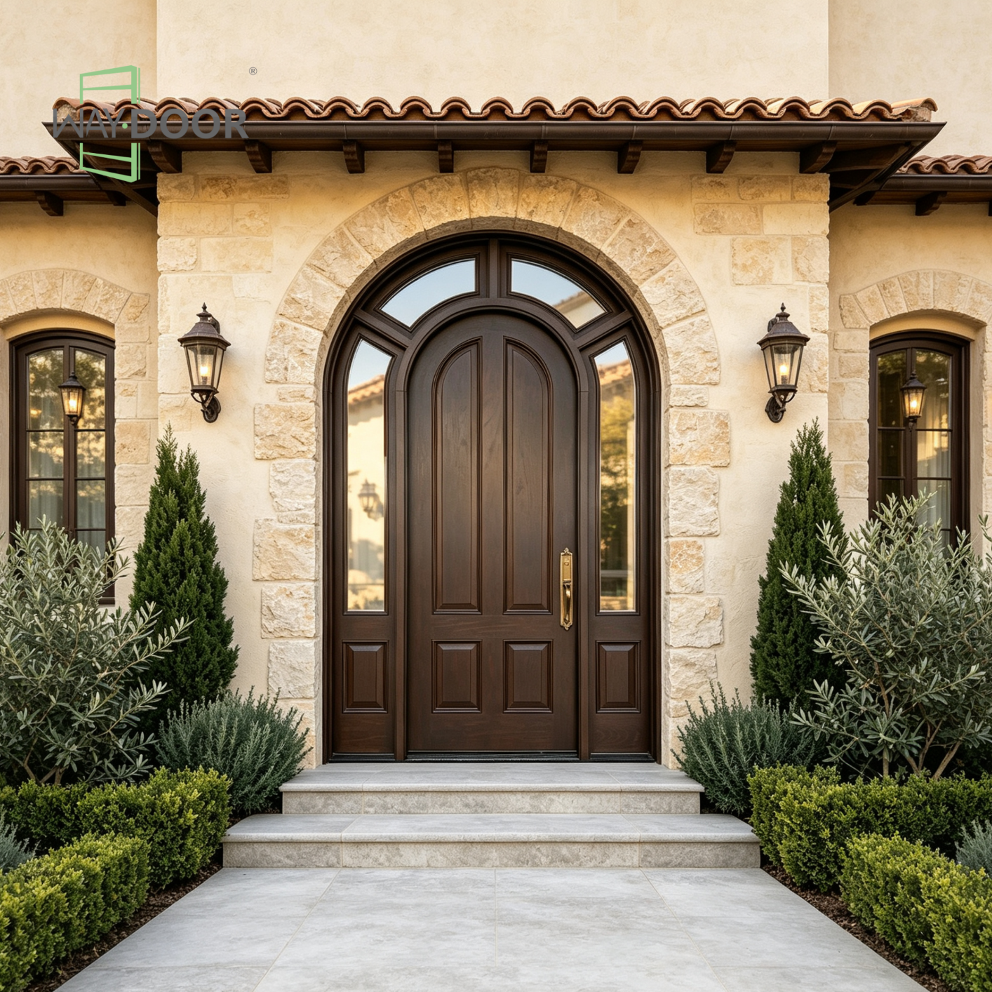 Arched Solid Wood Entry Door with Sidelites and Transom