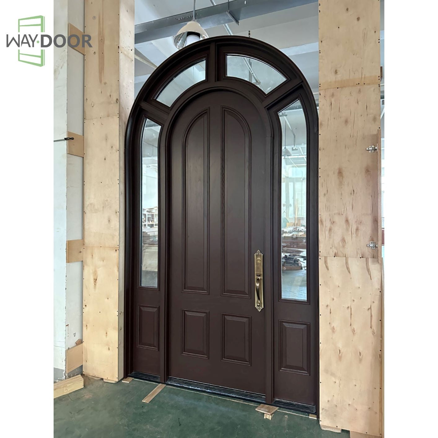Arched Solid Wood Entry Door with Sidelites and Transom