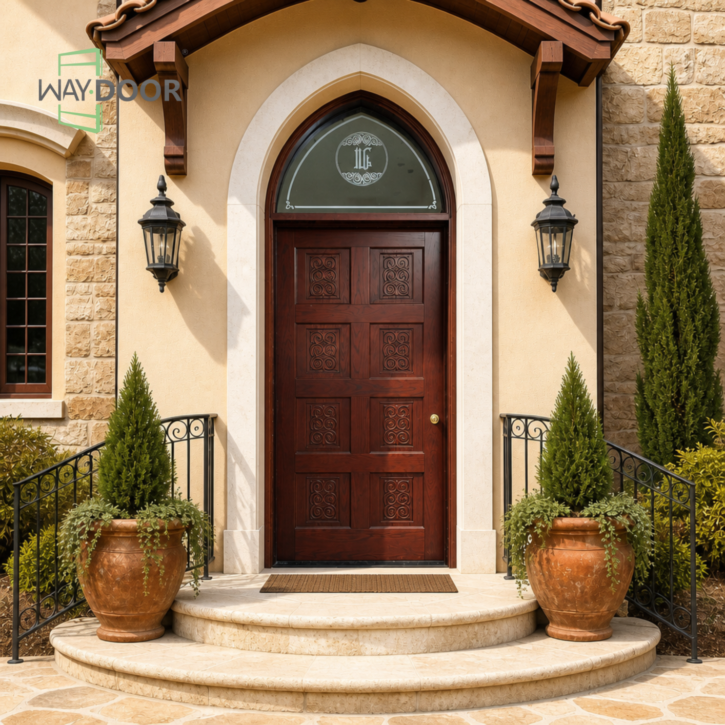 Arched Transom Carved Solid Wood Hinged Entry Door
