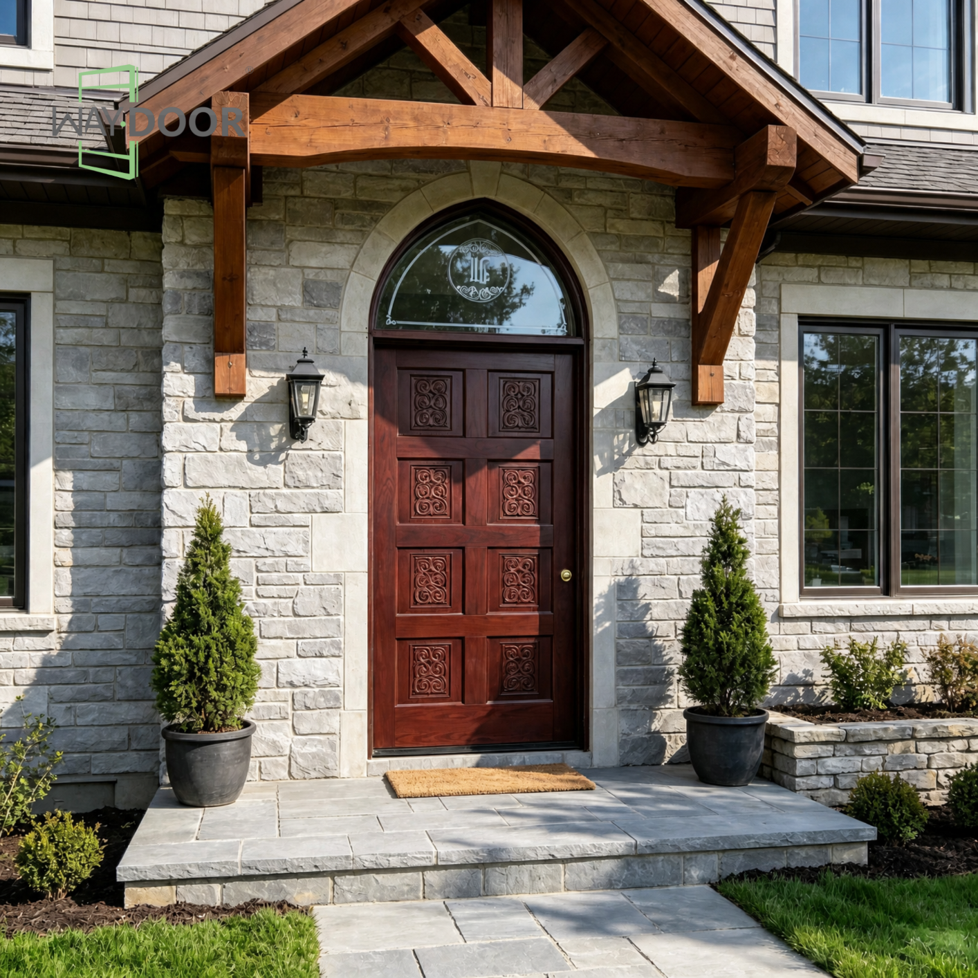 Arched Transom Carved Solid Wood Hinged Entry Door