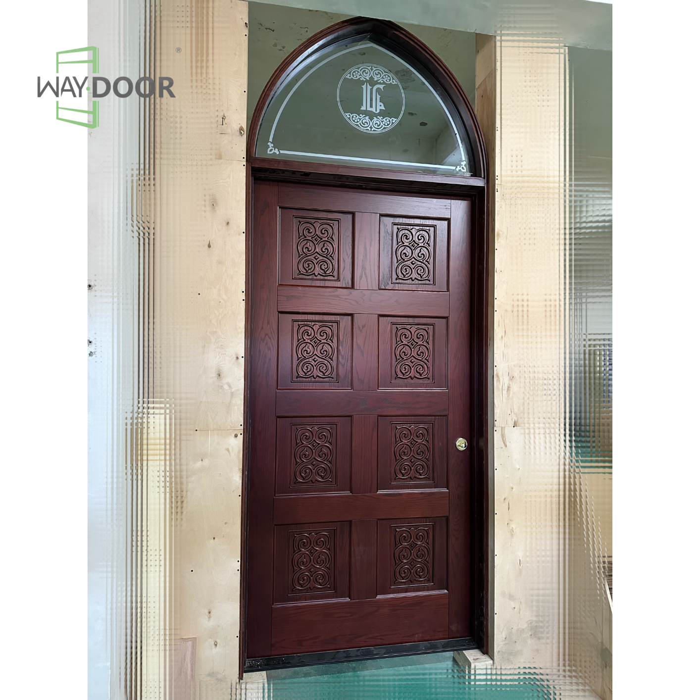 Arched Transom Carved Solid Wood Hinged Entry Door