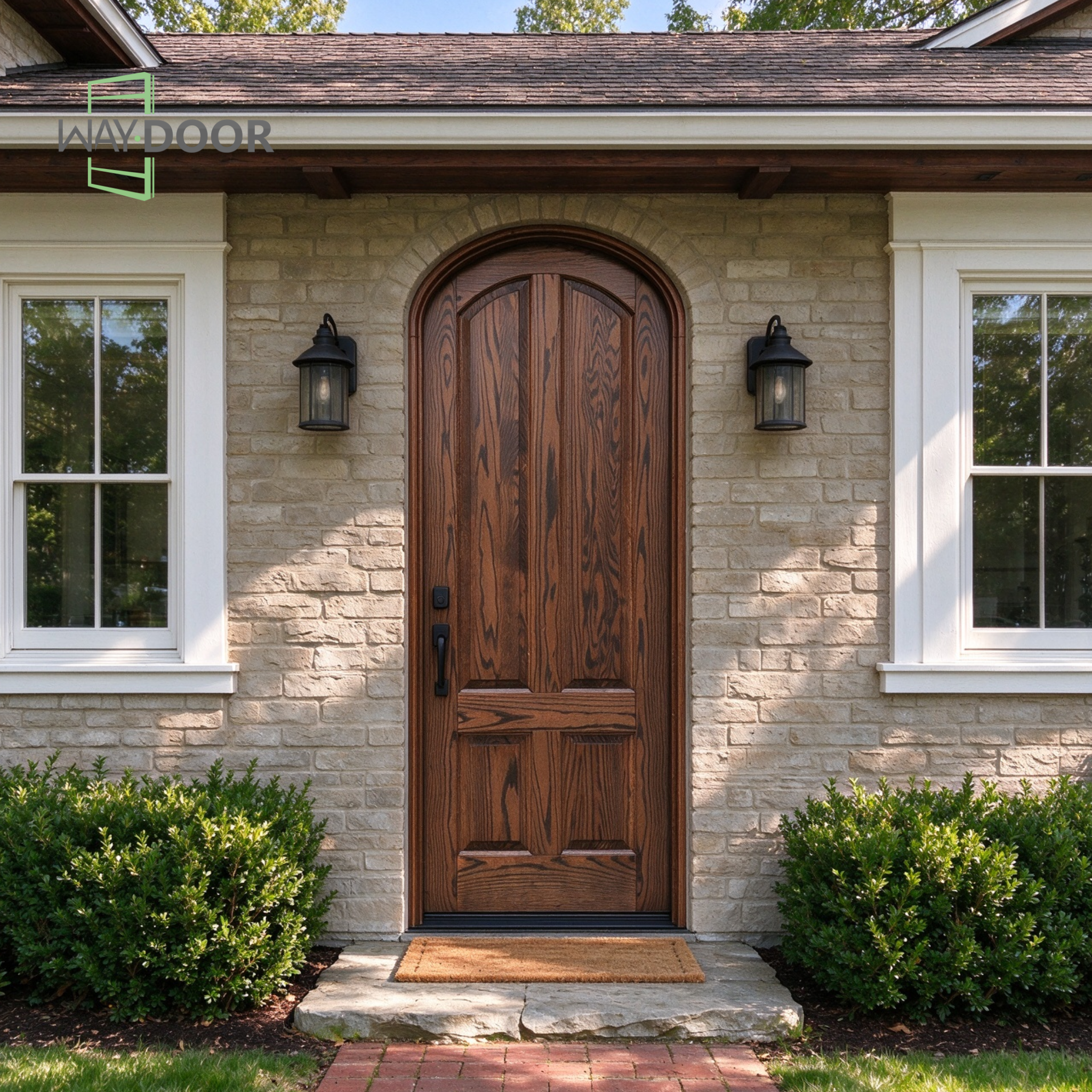 Arched Walnut Tone Craftsman Solid Wood Entry Door