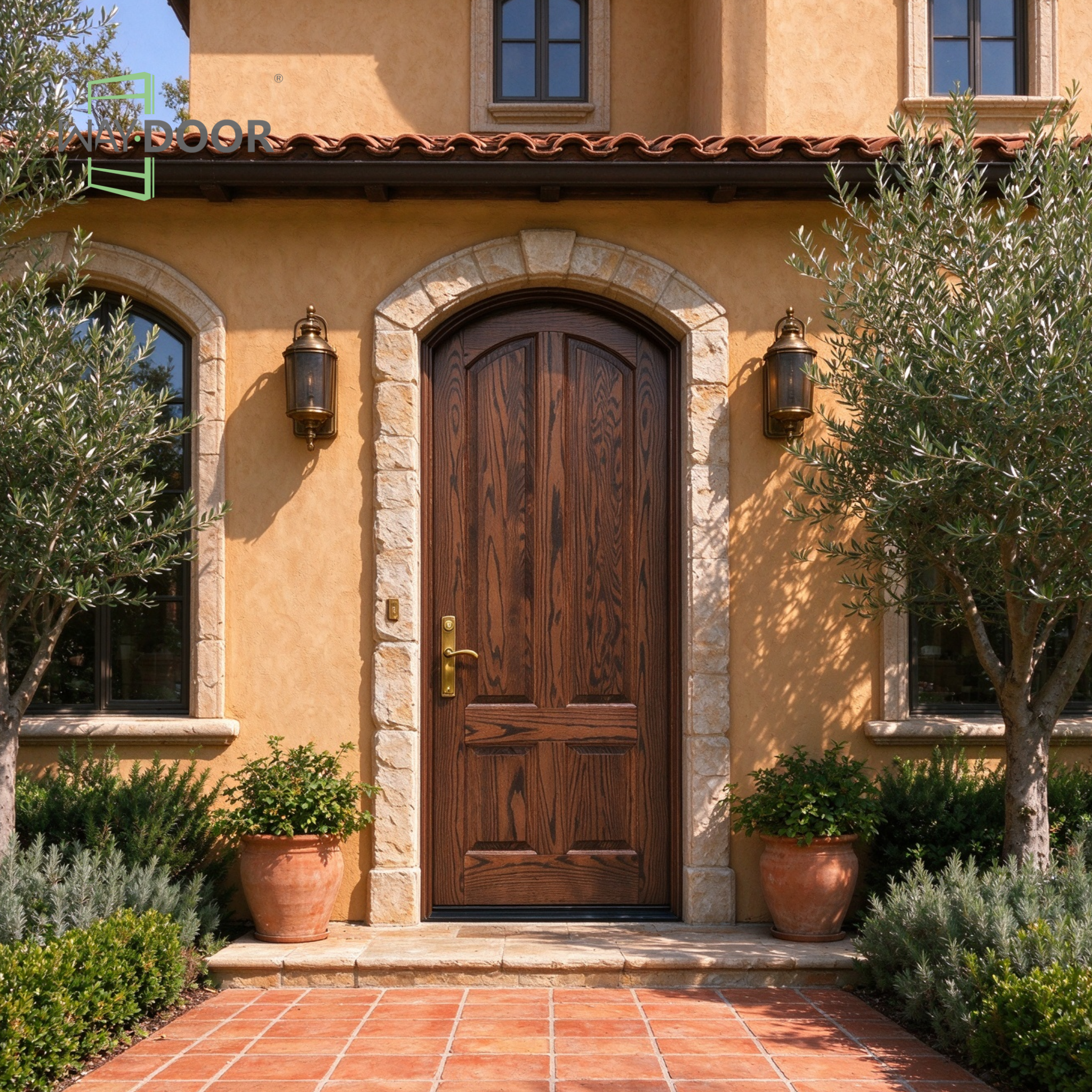 Arched Walnut Tone Craftsman Solid Wood Entry Door