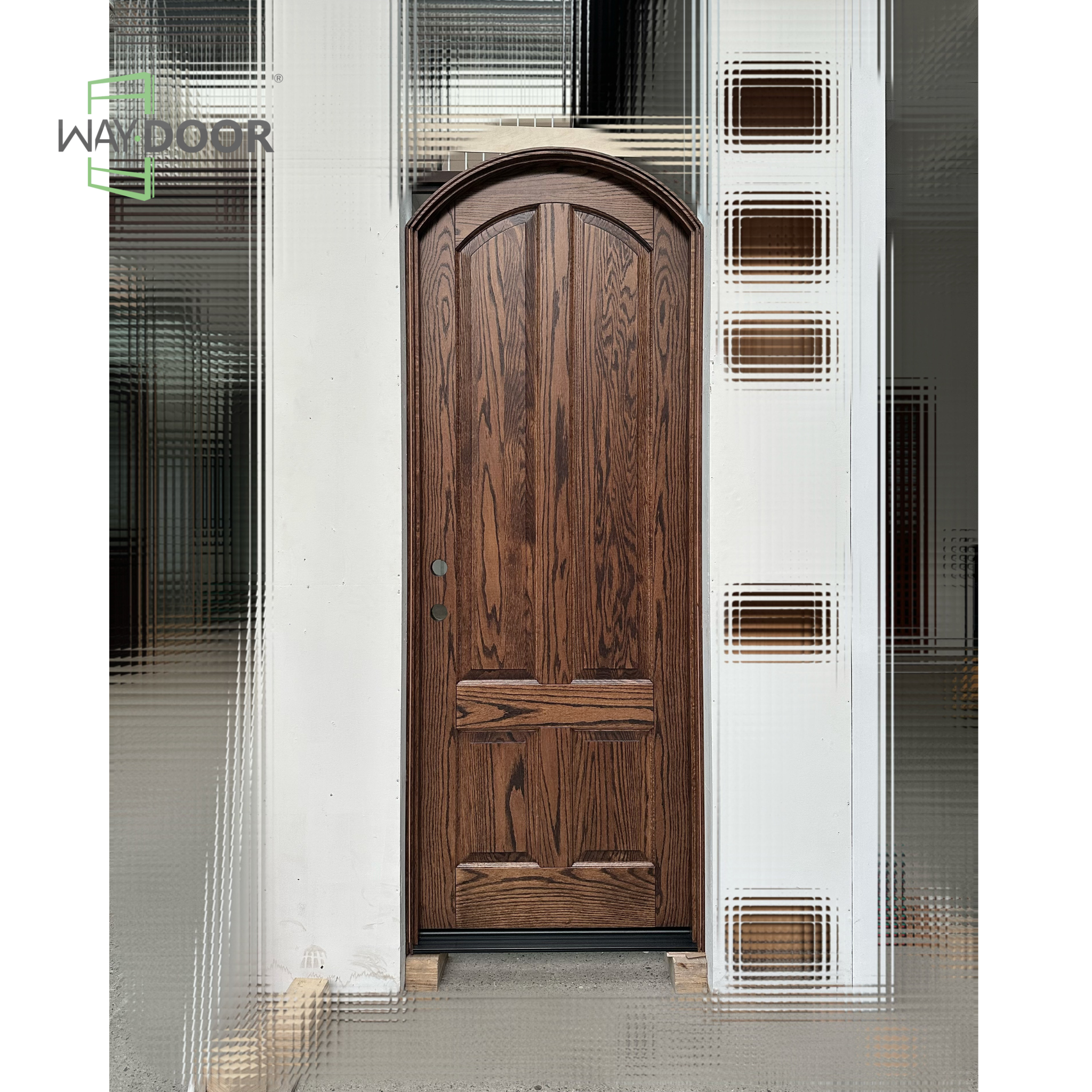 Arched Walnut Tone Craftsman Solid Wood Entry Door