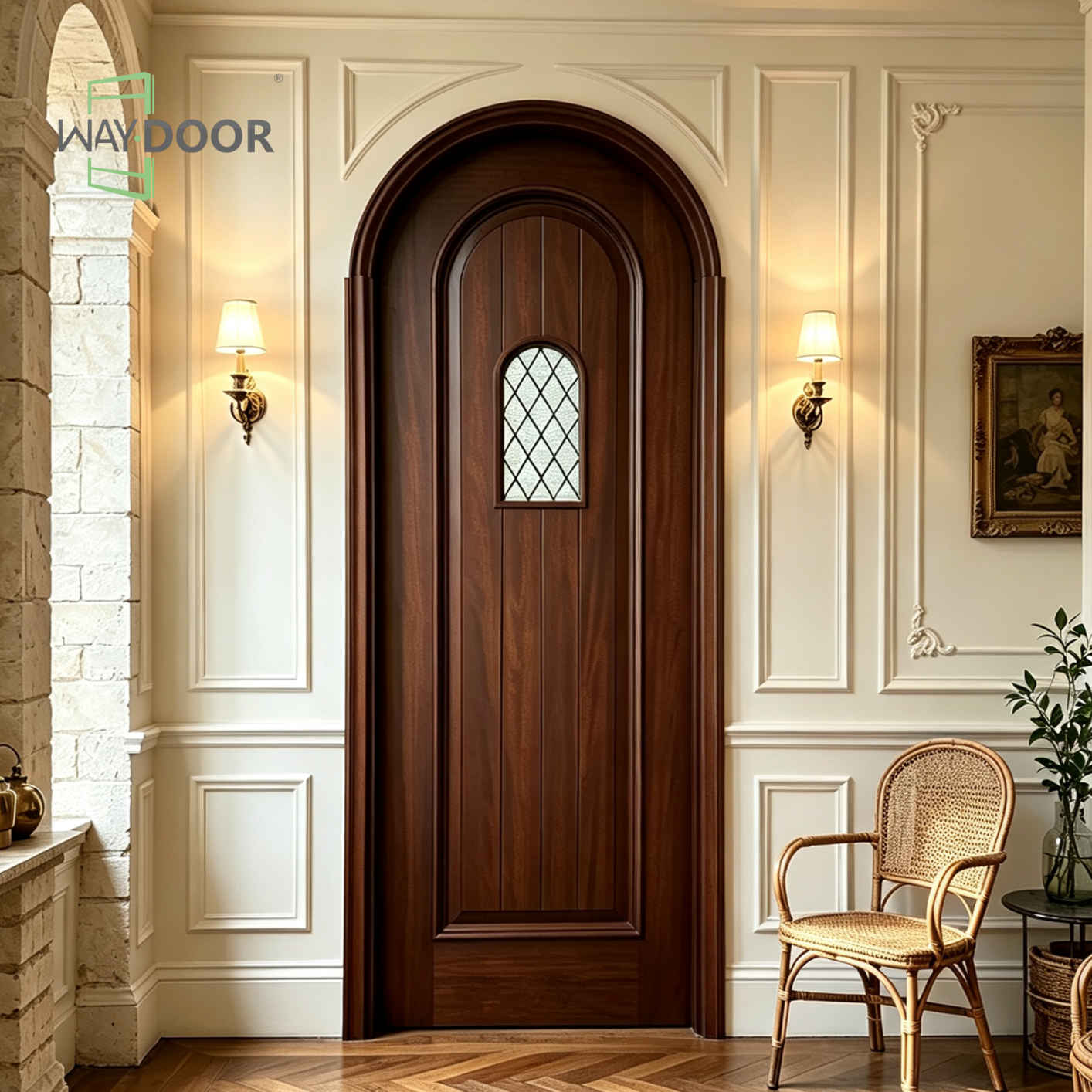 Arched Solid Wood Interior Door with Diamond Glass Panel