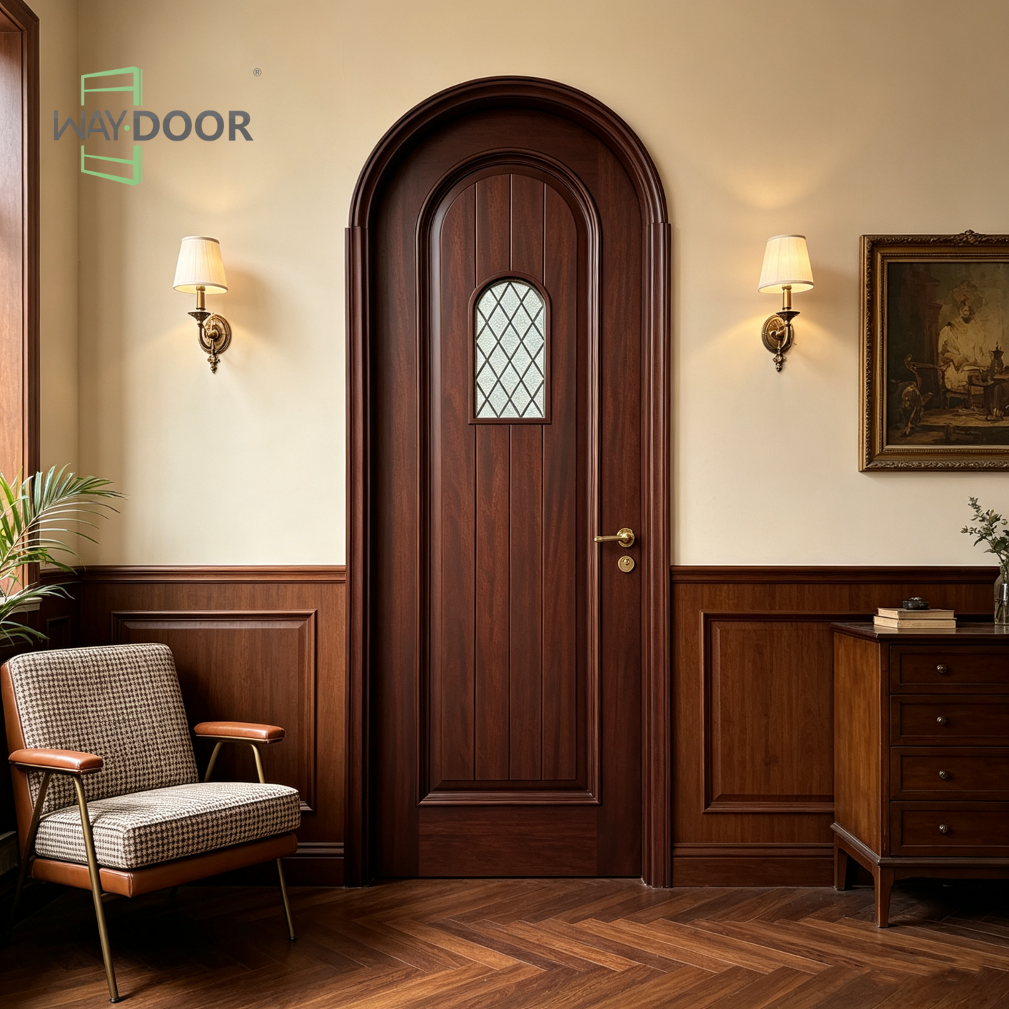 Arched Solid Wood Interior Door with Diamond Glass Panel