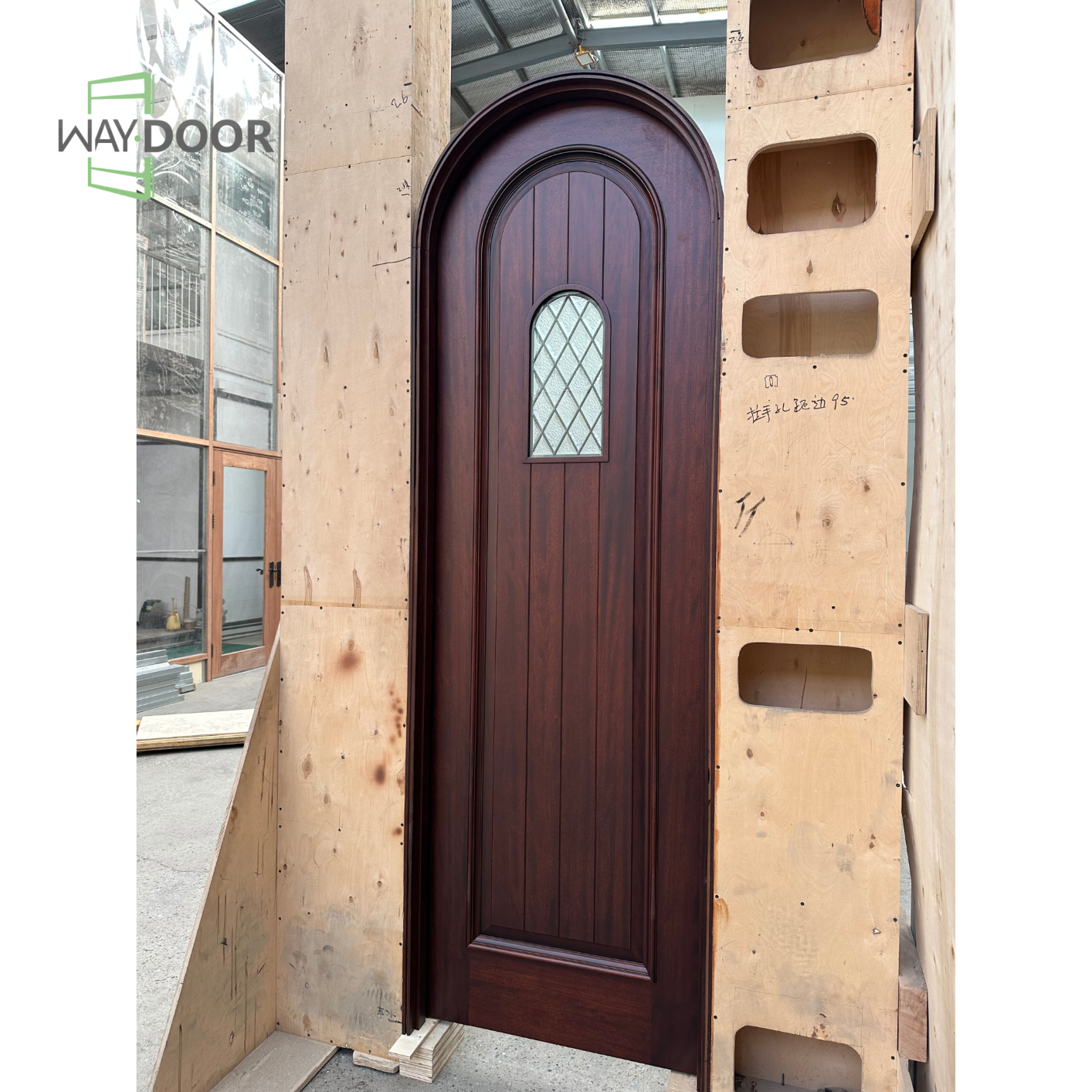 Arched Solid Wood Interior Door with Diamond Glass Panel