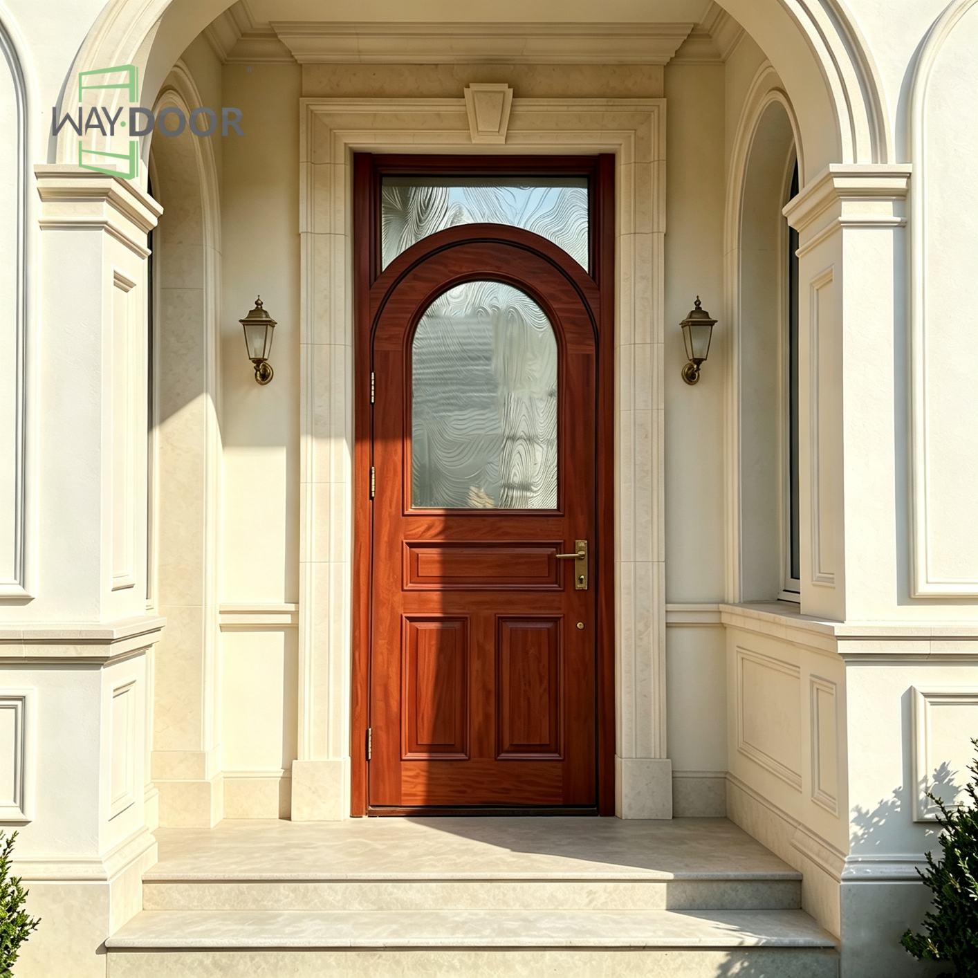 Arched Top Solid Wood Front Door with Transom Window
