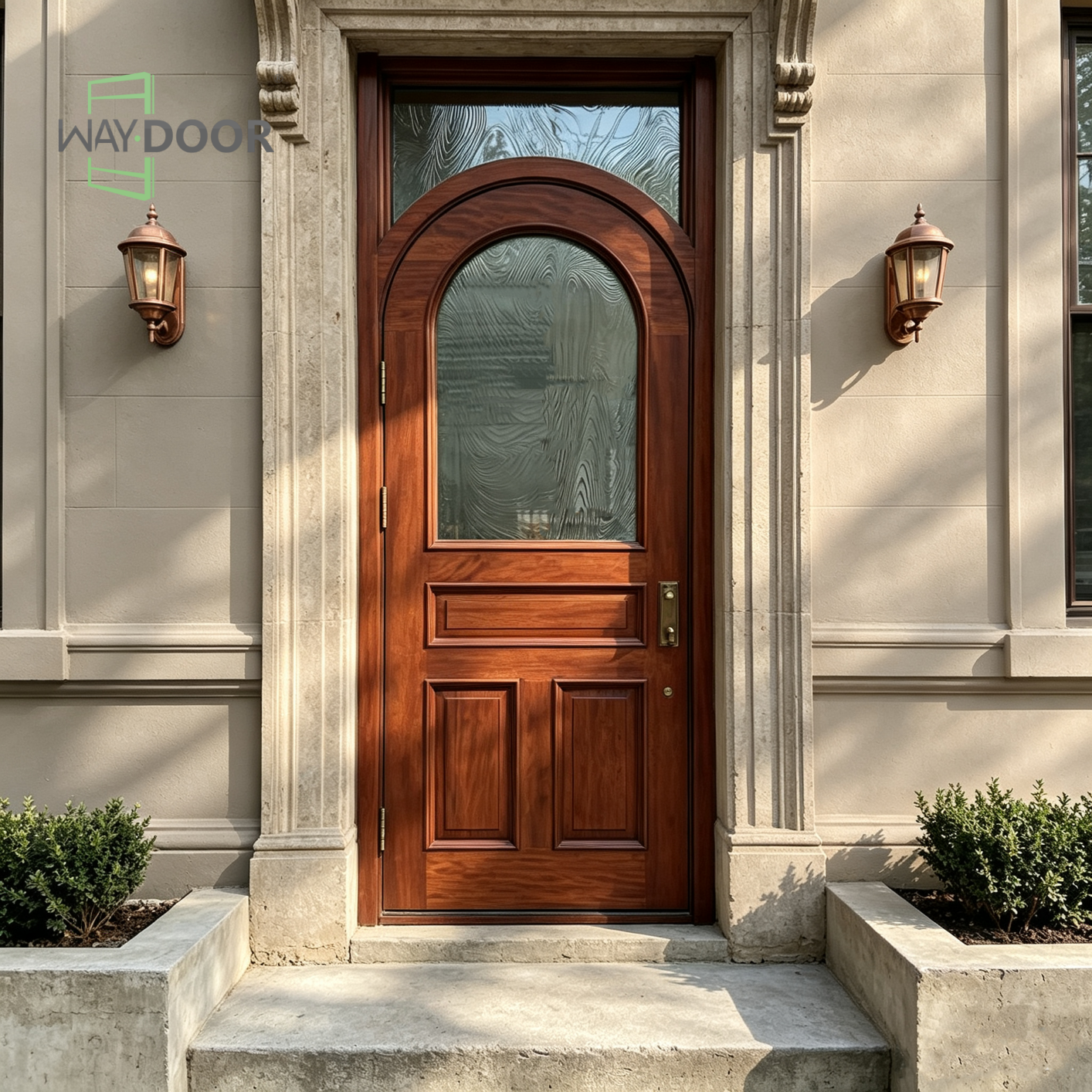 Arched Top Solid Wood Front Door with Transom Window