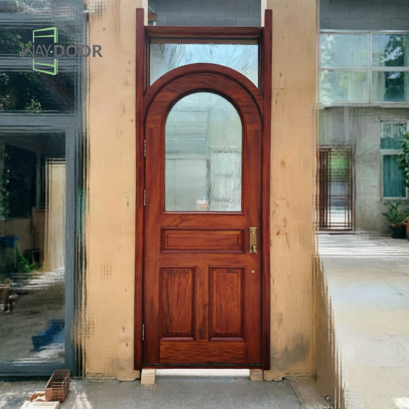 Arched Top Solid Wood Front Door with Transom Window