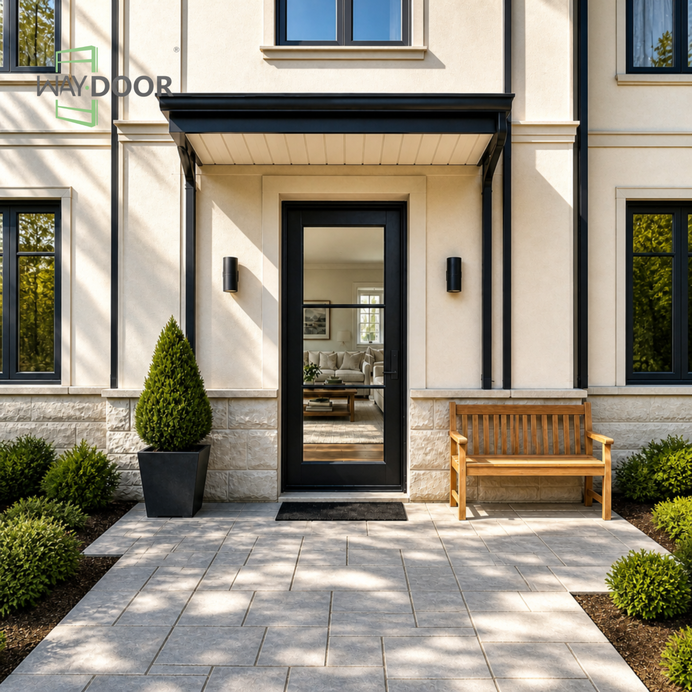 Black 3-Lite Clear Glass Solid Wood Hinged Entry Door