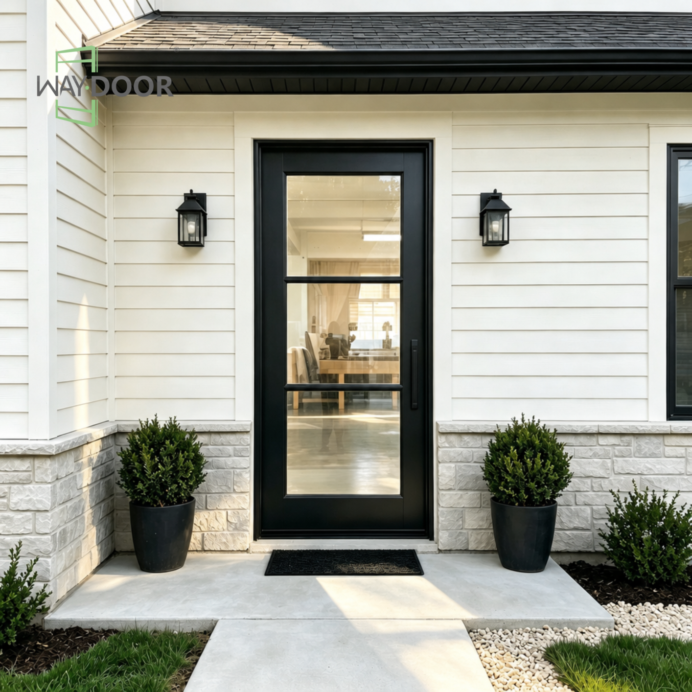 Black 3-Lite Clear Glass Solid Wood Hinged Entry Door