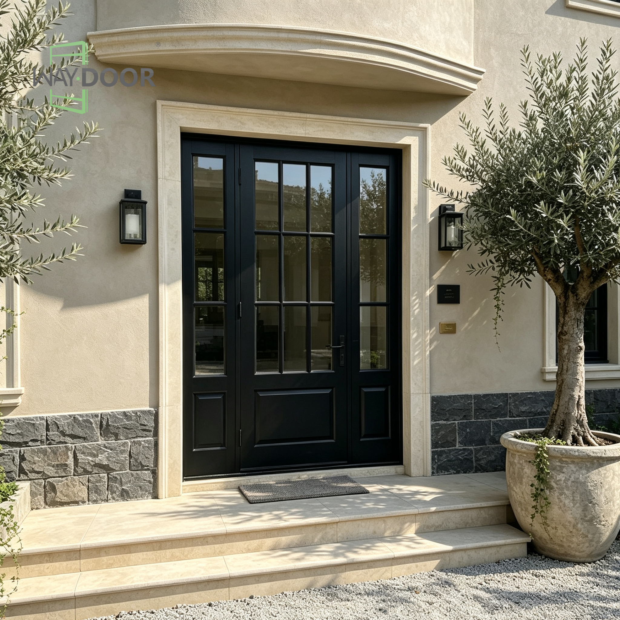 Black 9-Lite Clear Glass Solid Wood Hinged Exterior Entry Door with 2 Sidelites