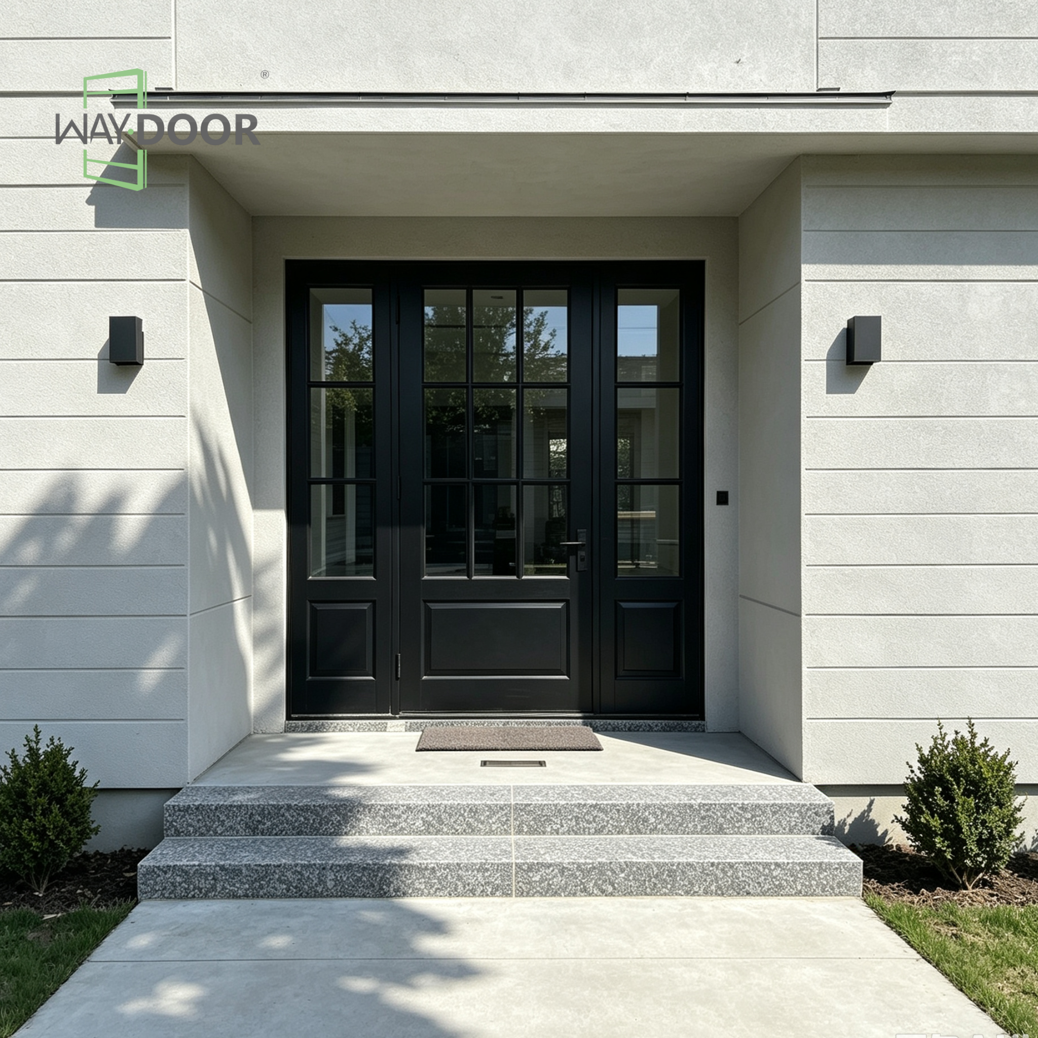 Black 9-Lite Clear Glass Solid Wood Hinged Exterior Entry Door with 2 Sidelites