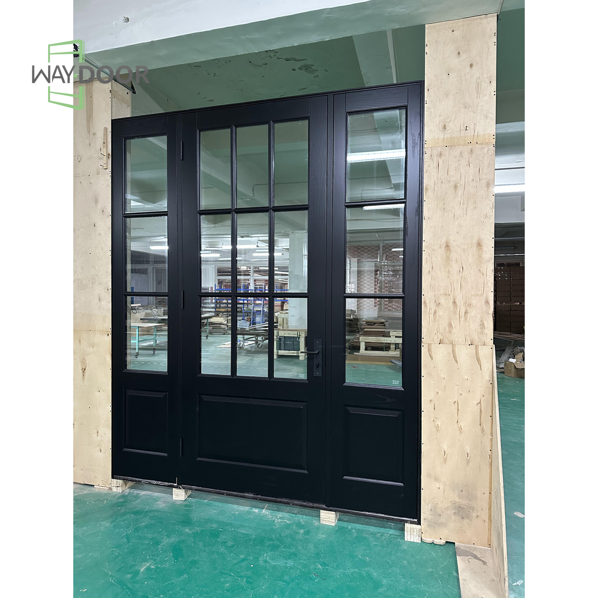 Black 9-Lite Clear Glass Solid Wood Hinged Exterior Entry Door with 2 Sidelites