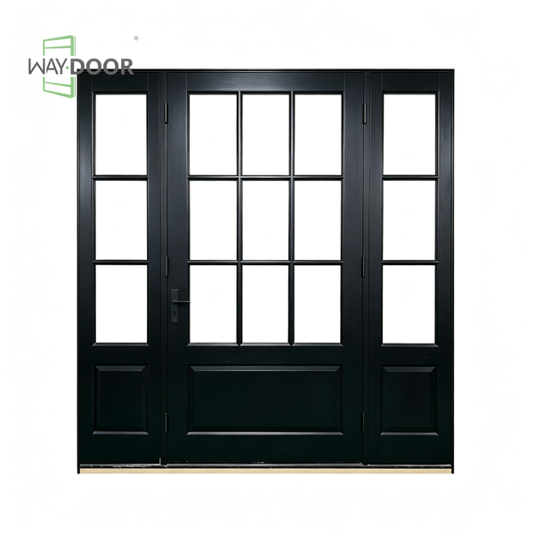 Black 9-Lite Clear Glass Solid Wood Hinged Exterior Entry Door with 2 Sidelites