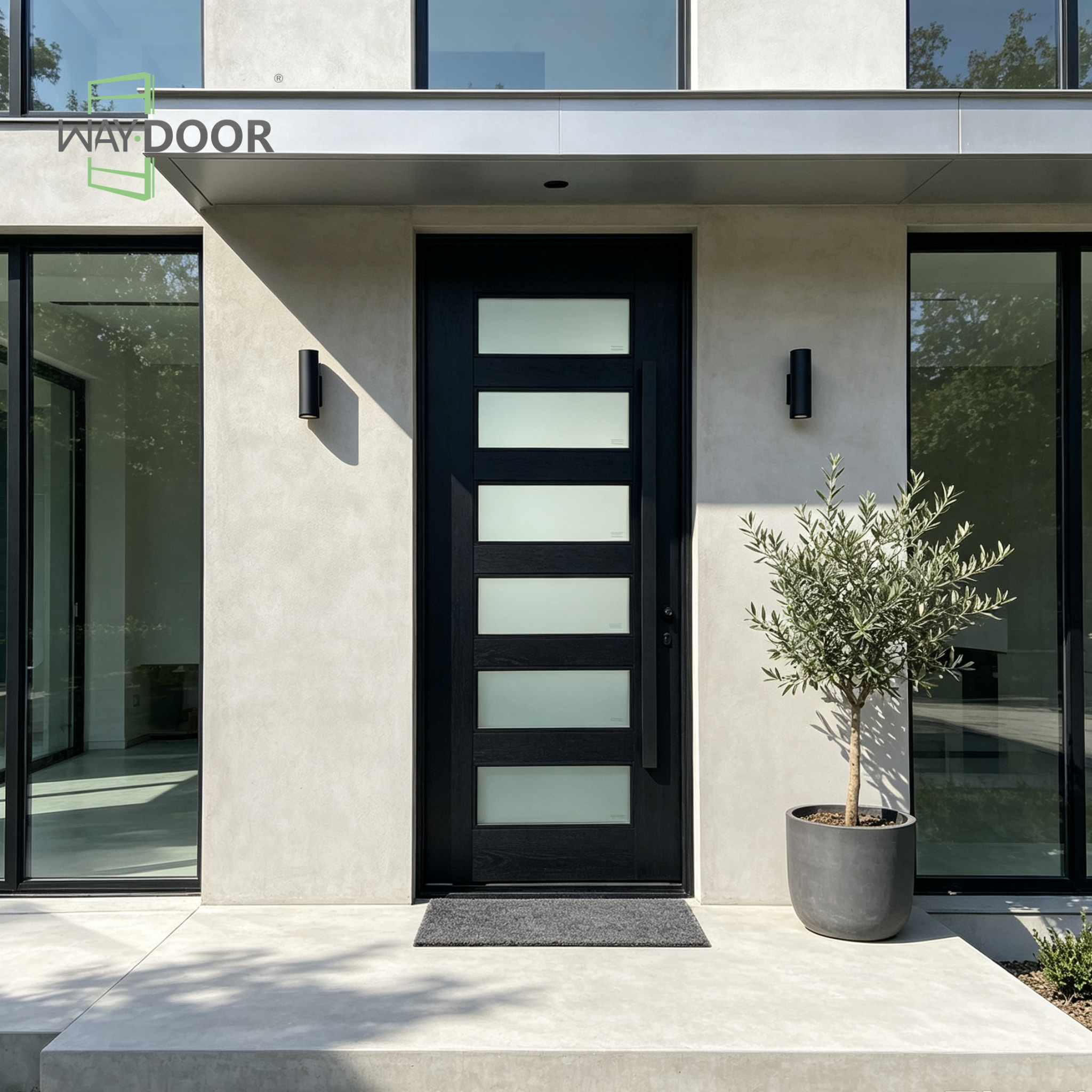 Black Contemporary 6-Lite Frosted Glass Solid Wood Hinged Entry Door