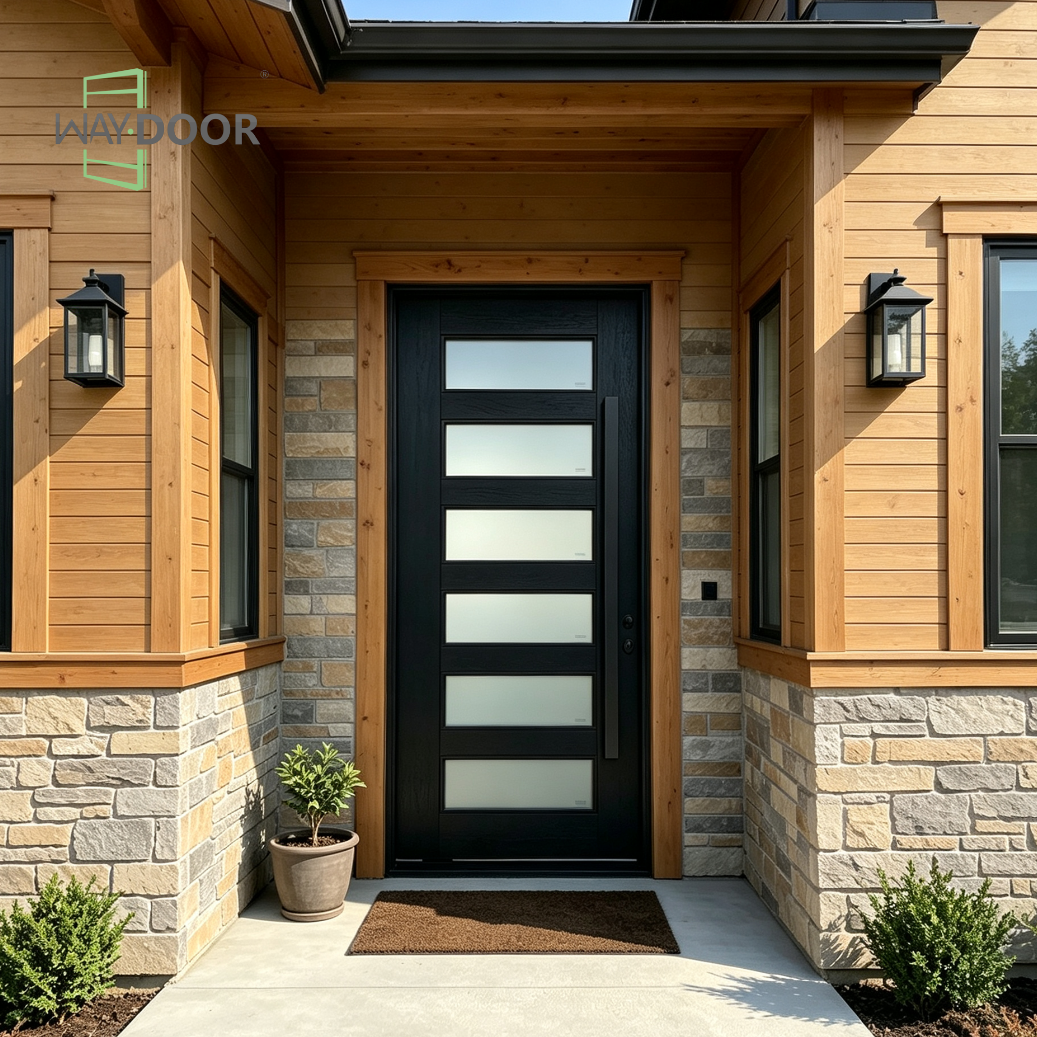 Black Contemporary 6-Lite Frosted Glass Solid Wood Hinged Entry Door