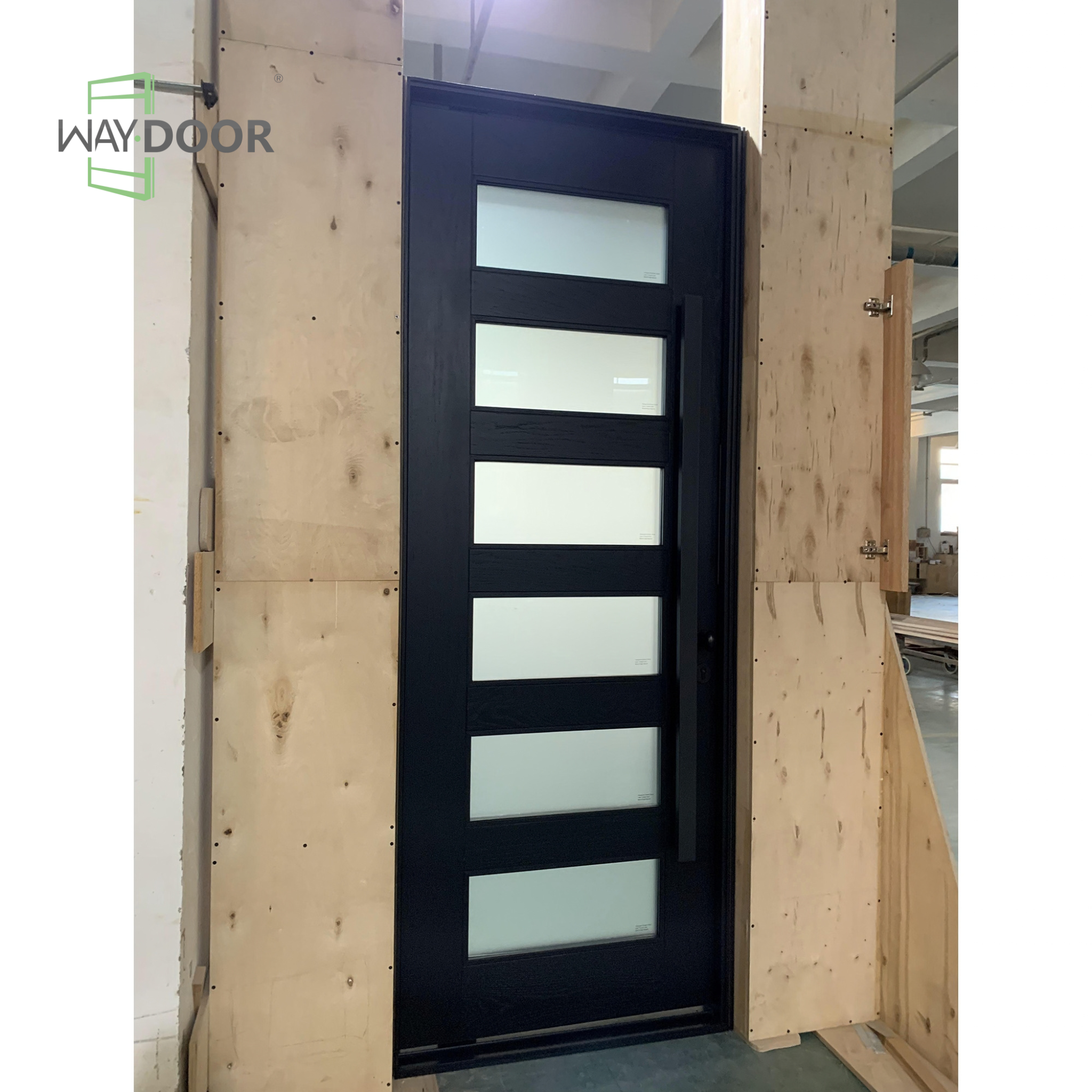 Black Contemporary 6-Lite Frosted Glass Solid Wood Hinged Entry Door
