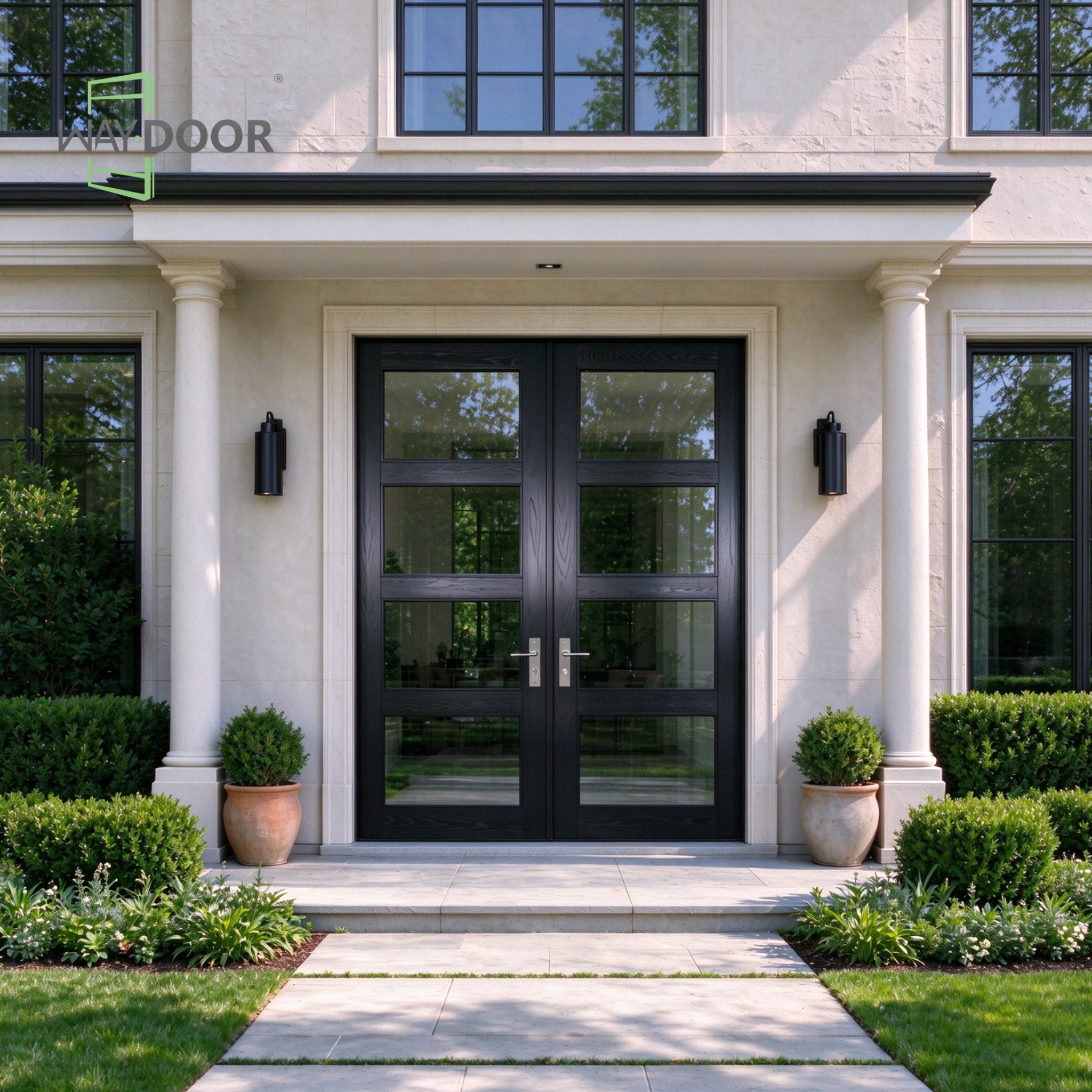 Black Contemporary Clear Glass Solid Wood Hinged Double Door