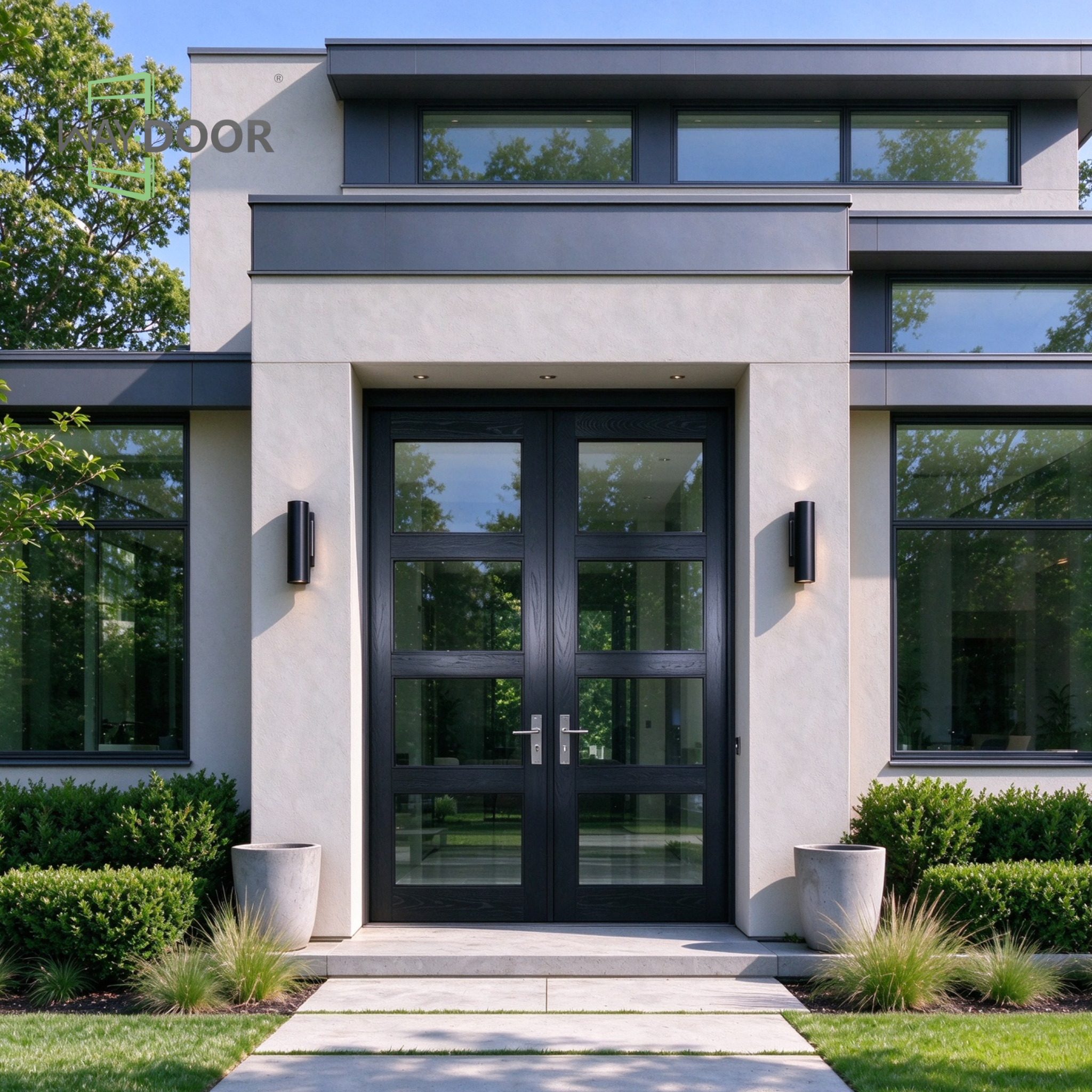 Black Contemporary Clear Glass Solid Wood Hinged Double Door
