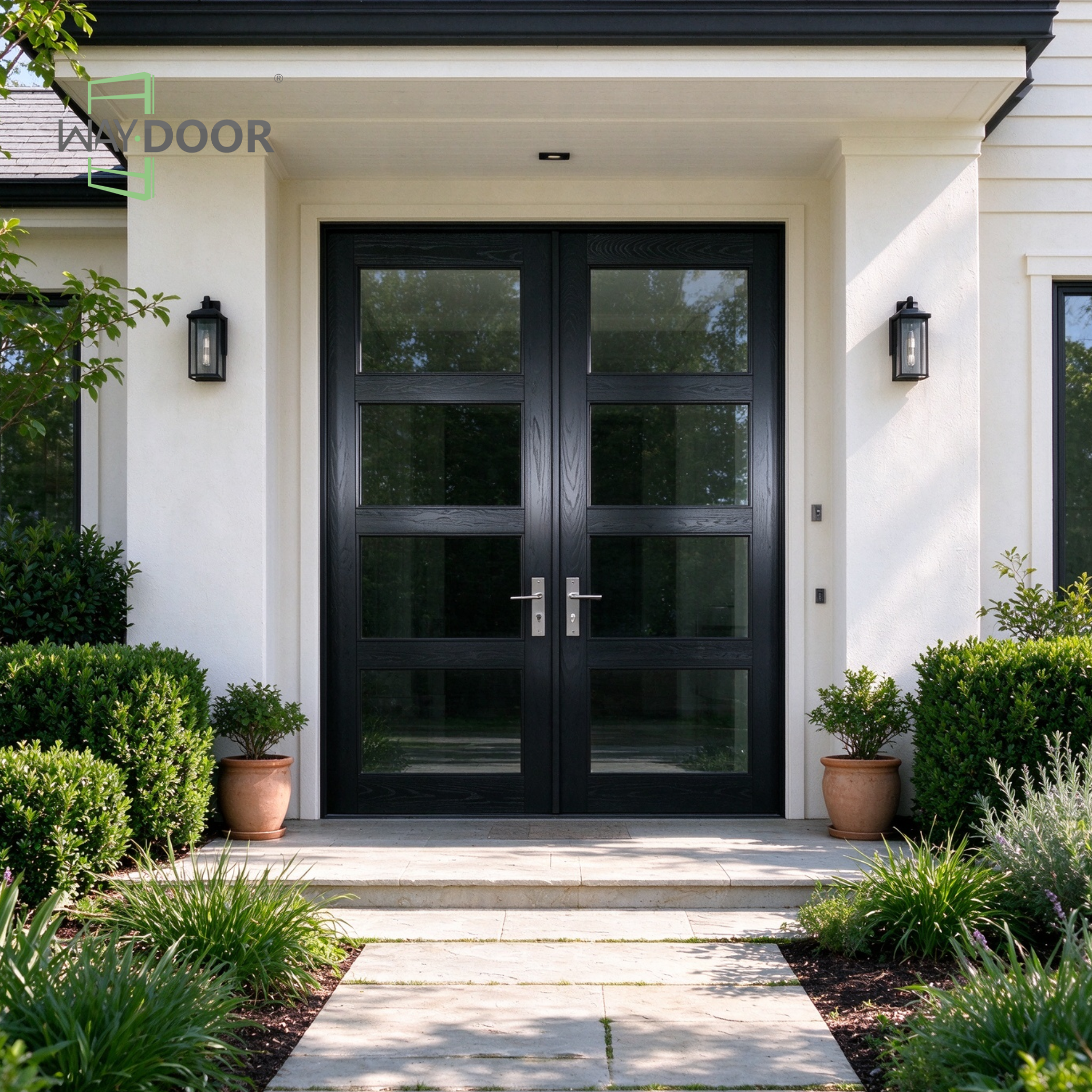 Black Contemporary Clear Glass Solid Wood Hinged Double Door