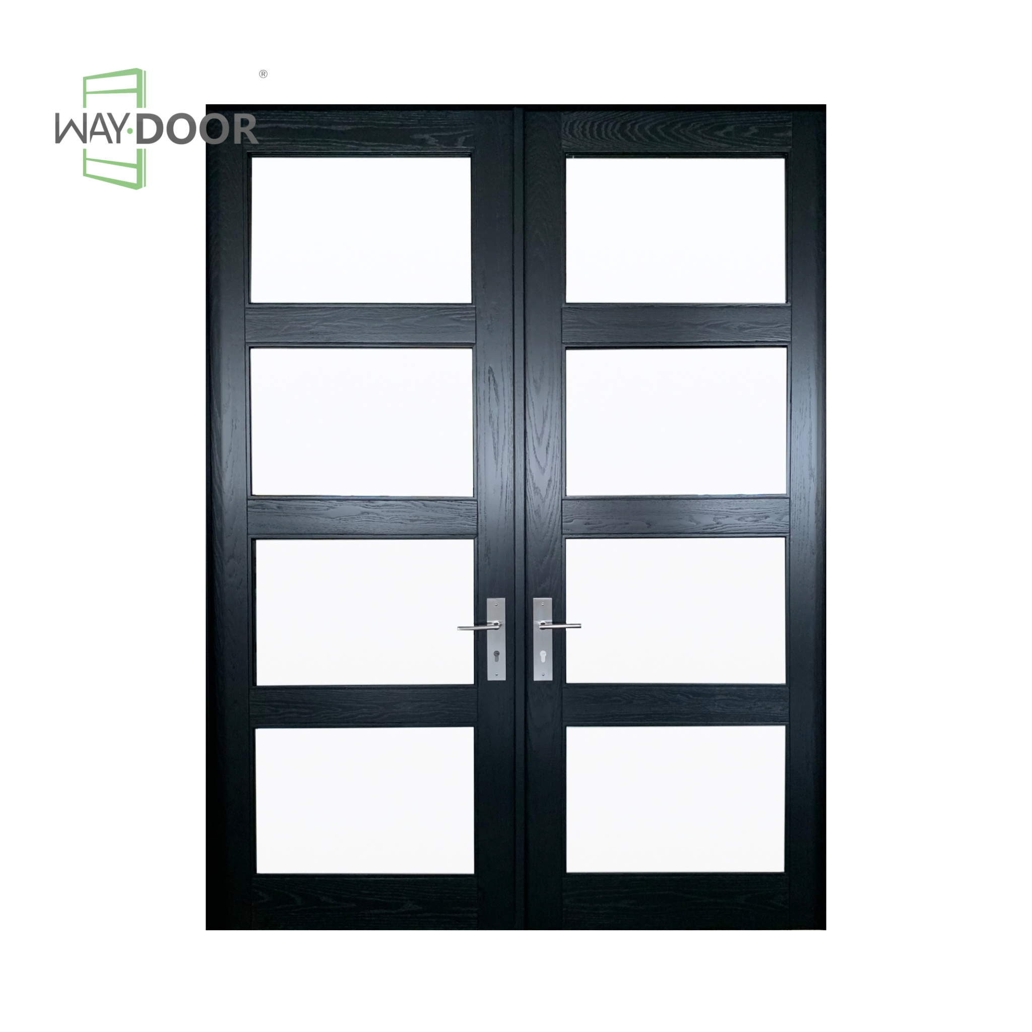 Black Contemporary Clear Glass Solid Wood Hinged Double Door
