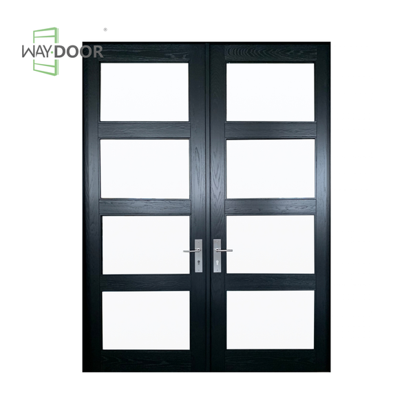 Black Contemporary Clear Glass Solid Wood Hinged Double Door