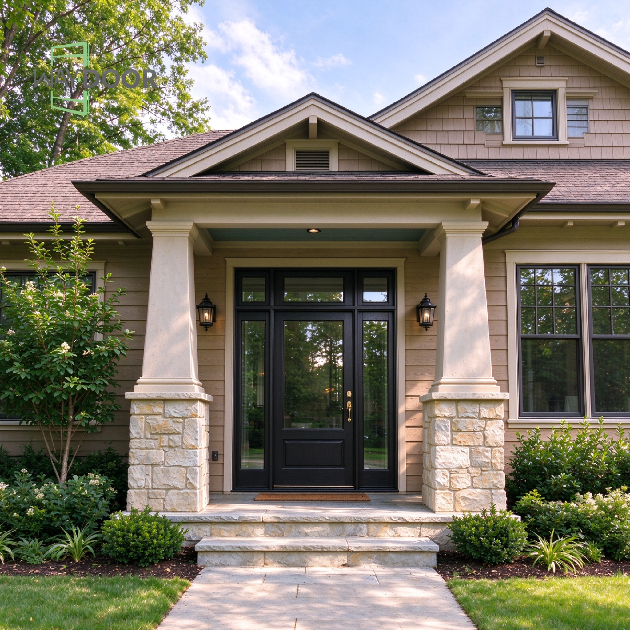 Black Contemporary Solid Wood Entry Door with Clear Glass, Sidelights & Transom