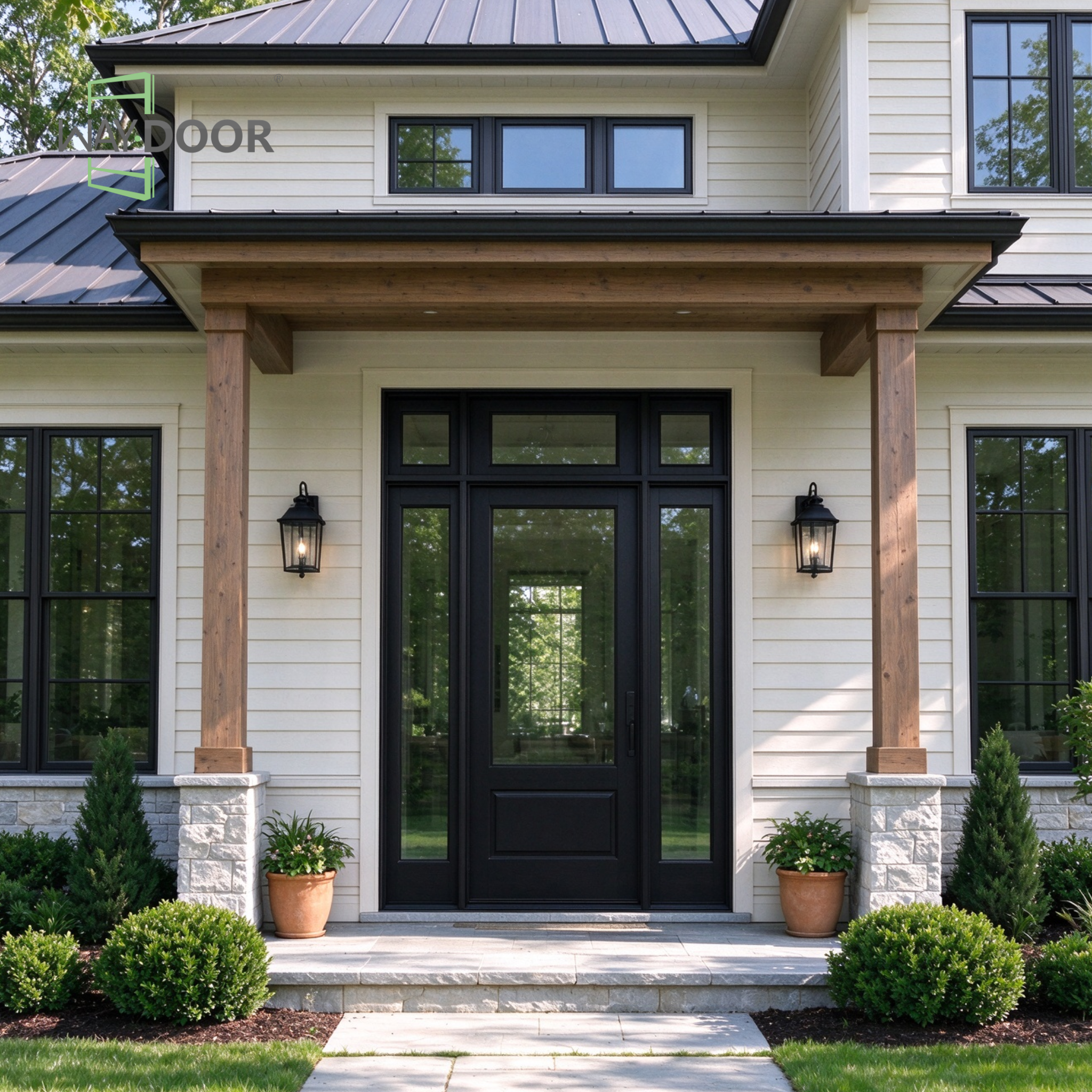 Black Contemporary Solid Wood Entry Door with Clear Glass, Sidelights & Transom