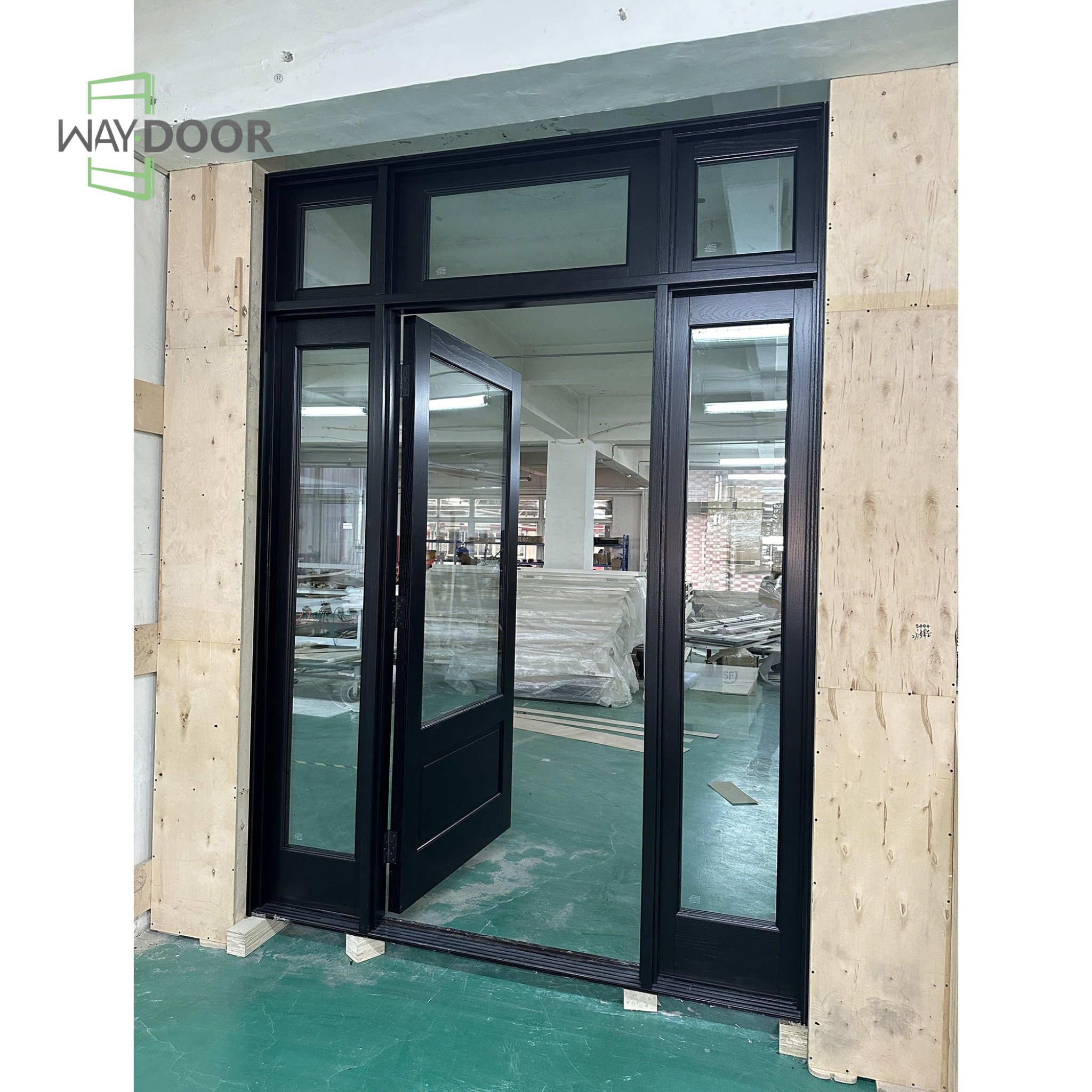Black Contemporary Solid Wood Entry Door with Clear Glass, Sidelights & Transom