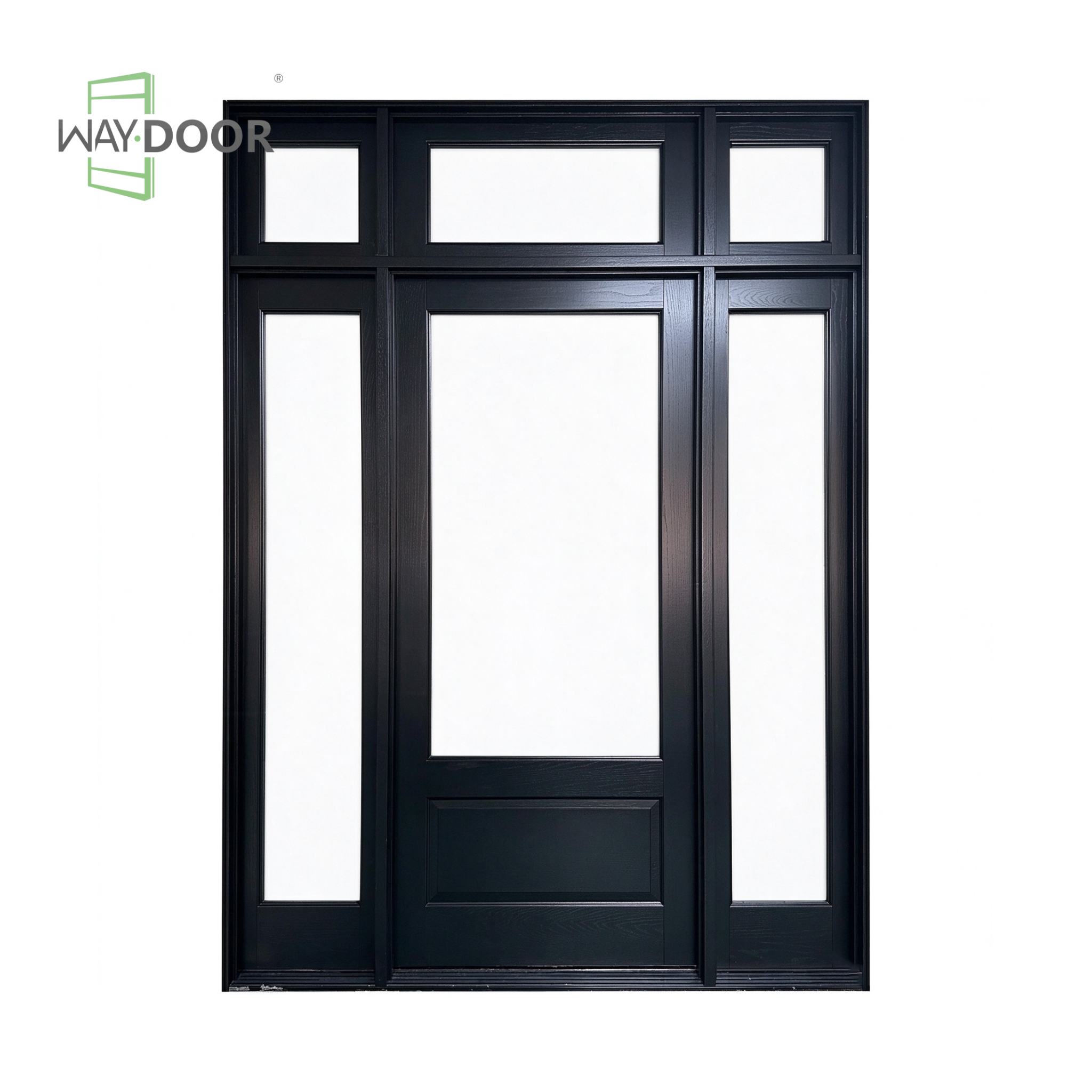 Black Contemporary Solid Wood Entry Door with Clear Glass, Sidelights & Transom