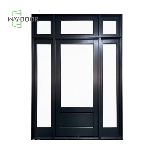 Black Contemporary Solid Wood Entry Door with Clear Glass, Sidelights & Transom