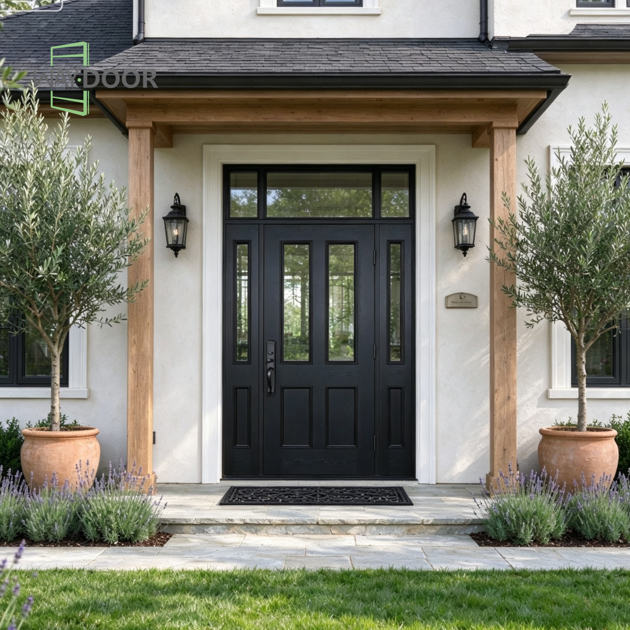 Black Contemporary Solid Wood Entry Door with Sidelites & Transom Window