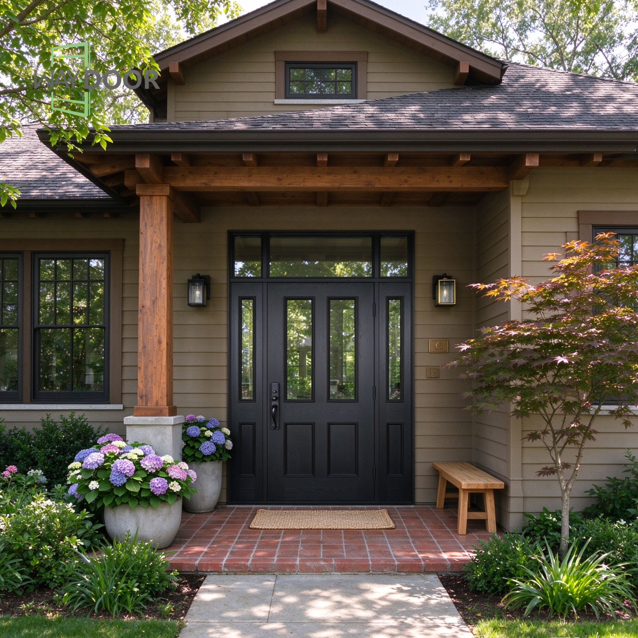 Black Contemporary Solid Wood Entry Door with Sidelites & Transom Window
