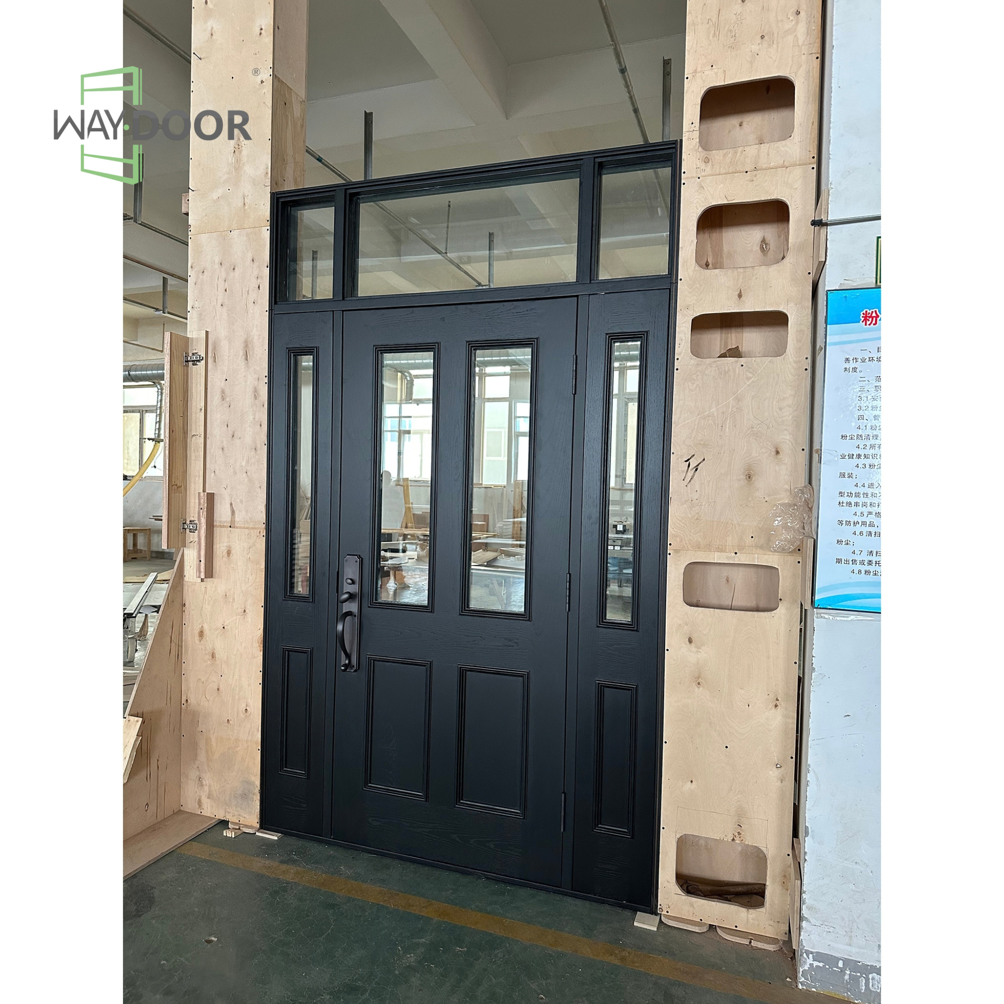 Black Contemporary Solid Wood Entry Door with Sidelites & Transom Window