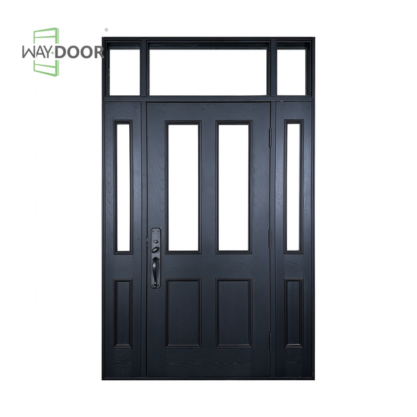 Black Contemporary Solid Wood Entry Door with Sidelites & Transom Window