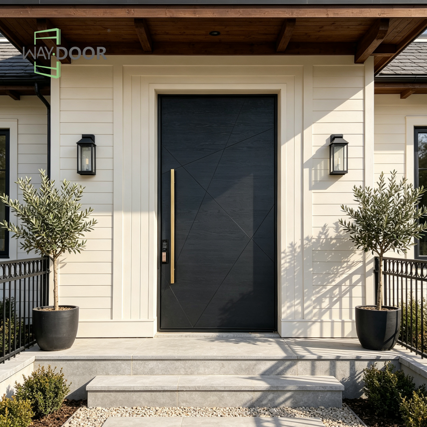 Black Geometric Milled Line Solid Wood Entry Door