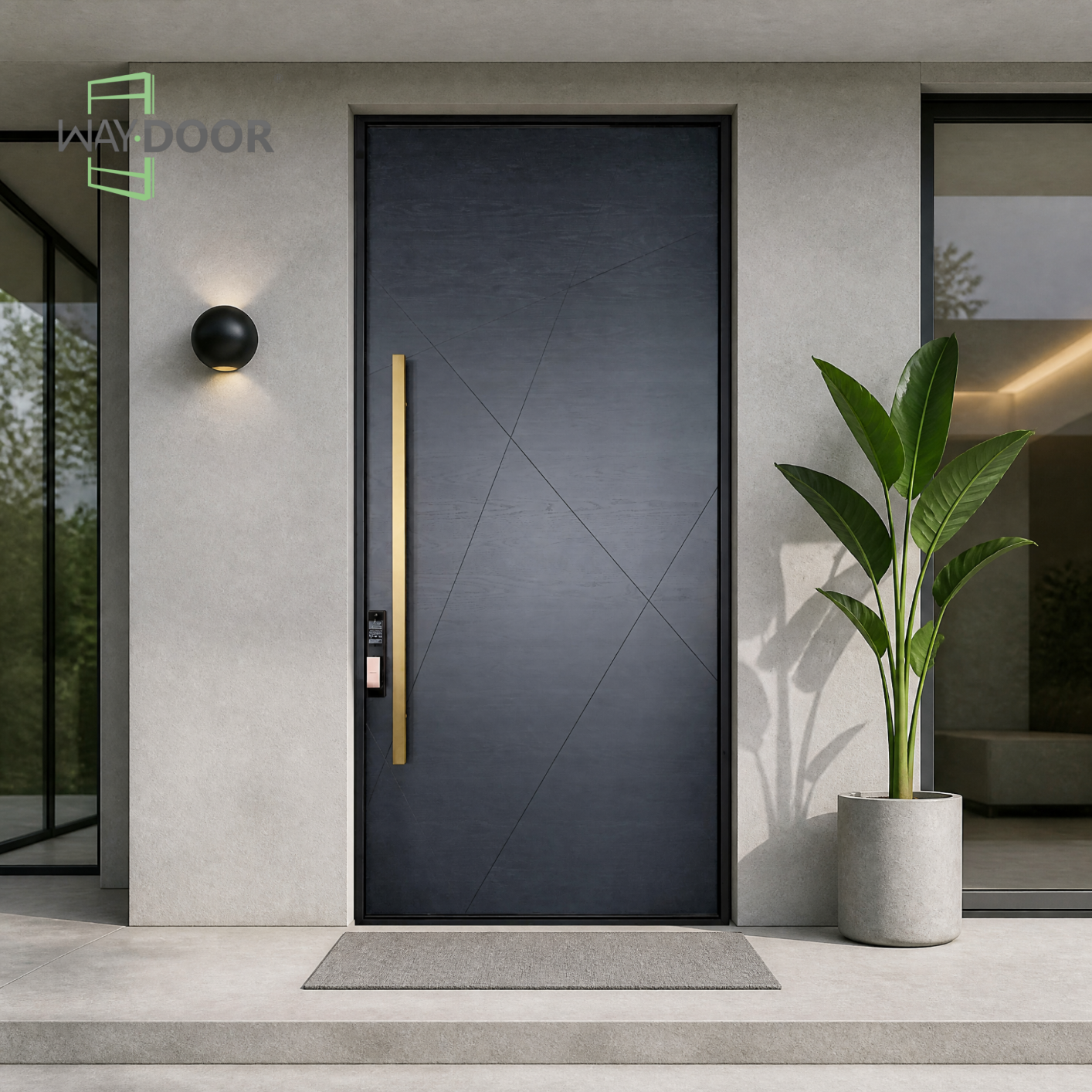 Black Geometric Milled Line Solid Wood Entry Door