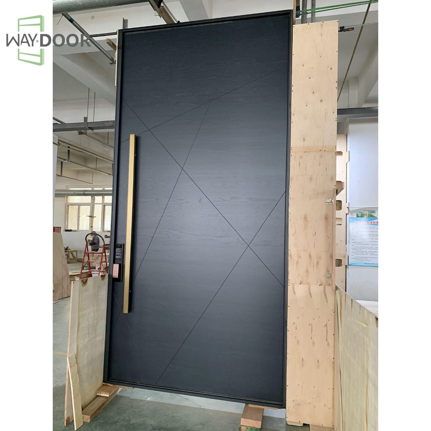 Black Geometric Milled Line Solid Wood Entry Door