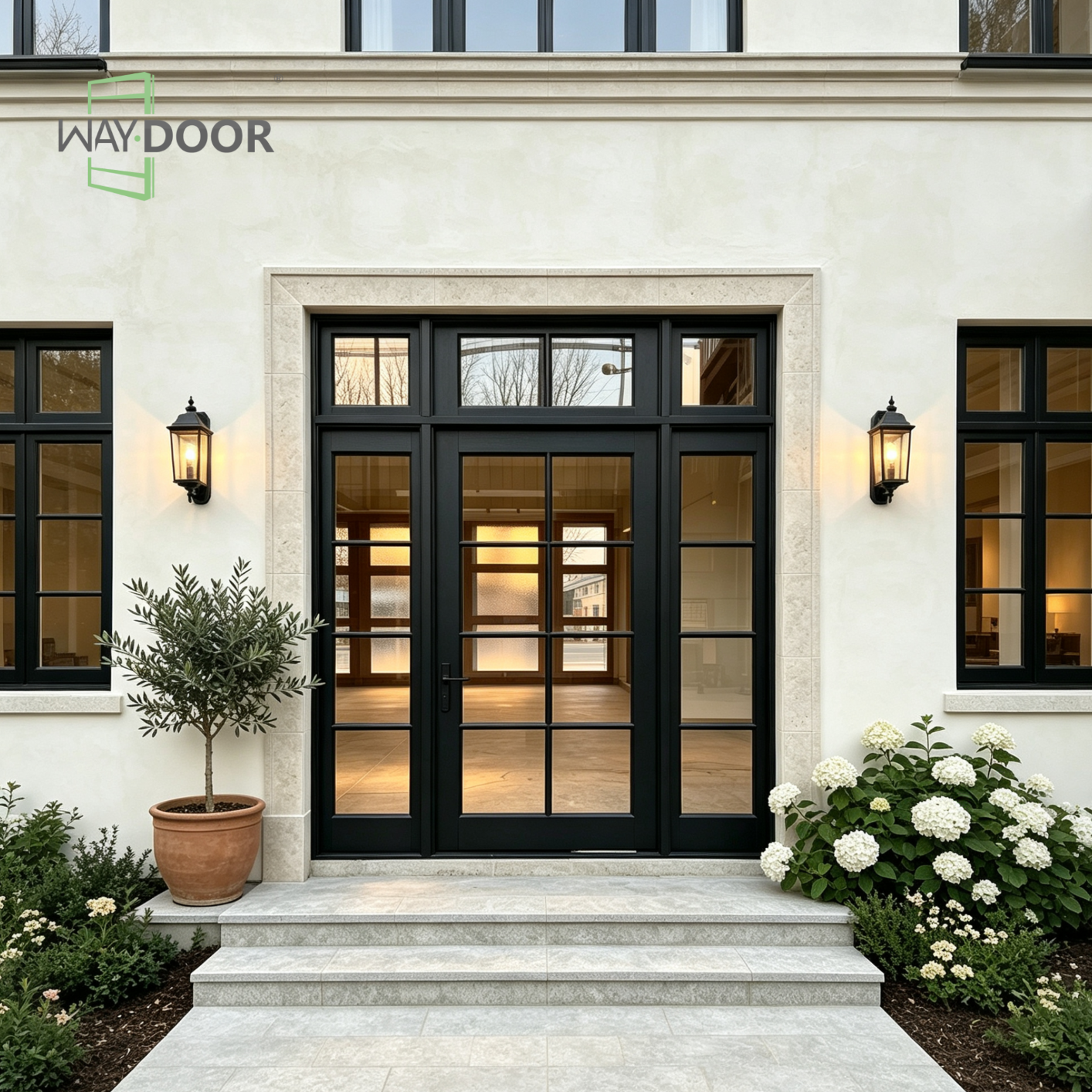 Black Grille Solid Wood Entry Door with Sidelights & Transom