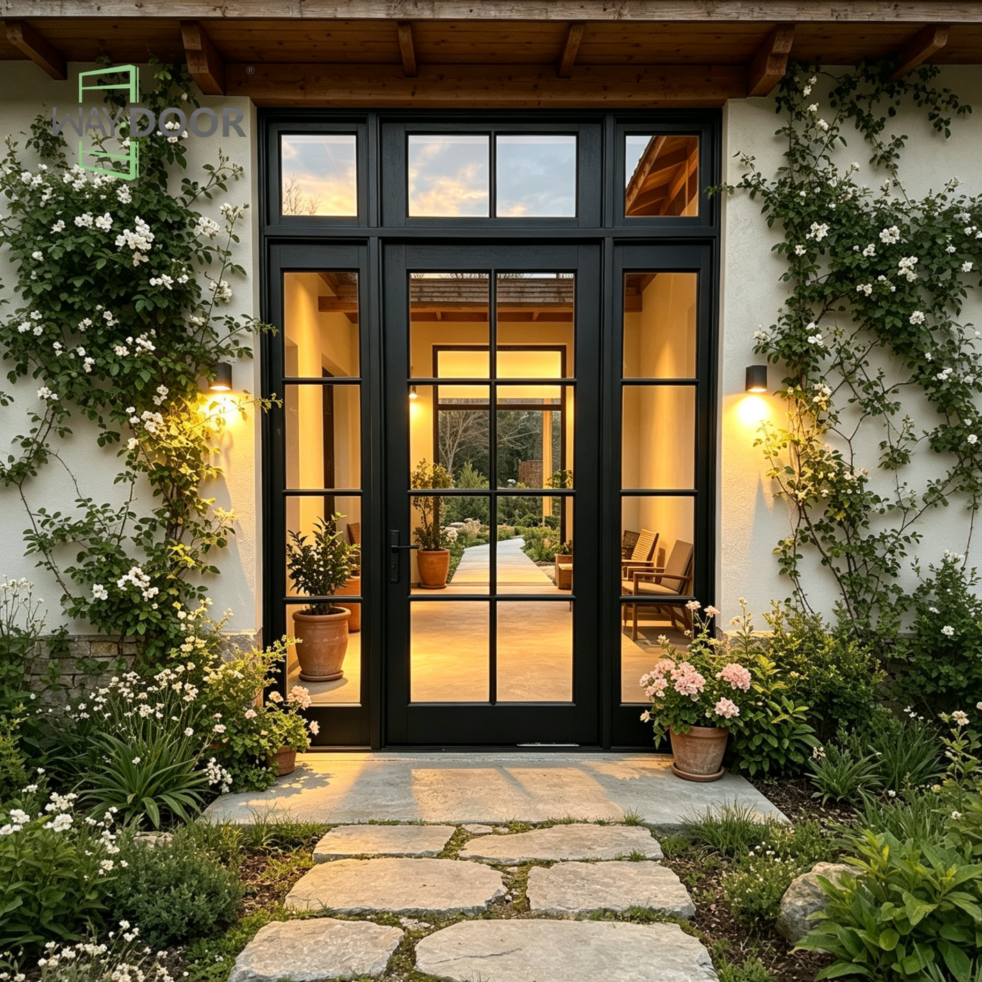 Black Grille Solid Wood Entry Door with Sidelights & Transom