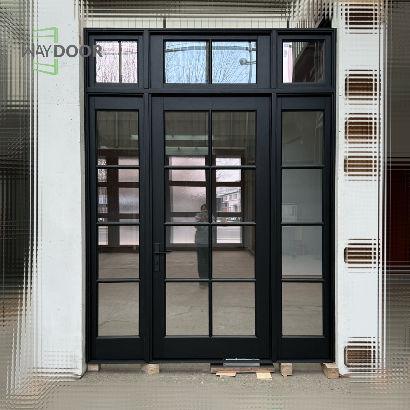Black Grille Solid Wood Entry Door with Sidelights & Transom