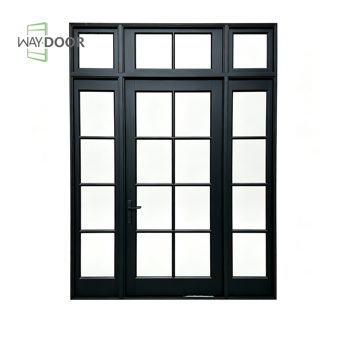 Black Grille Solid Wood Entry Door with Sidelights & Transom