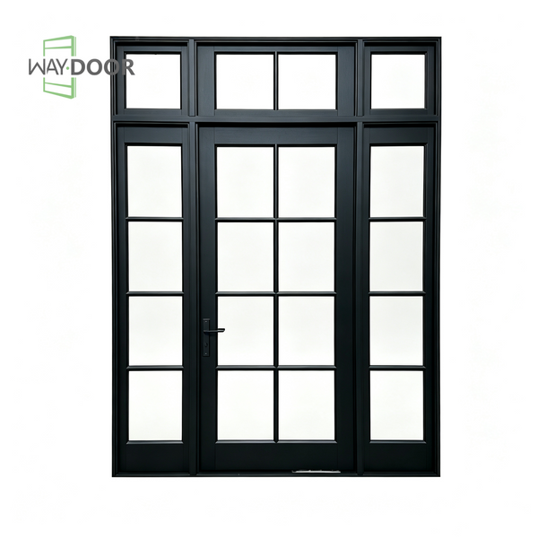 Black Grille Solid Wood Entry Door with Sidelights & Transom