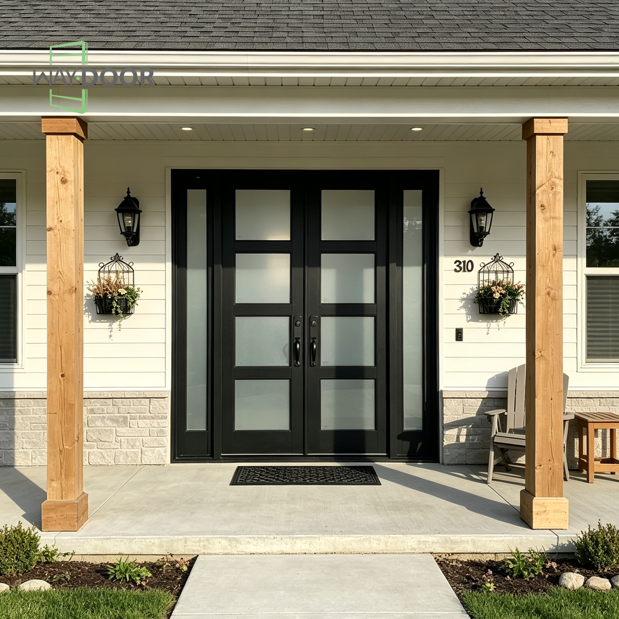 Black Solid Wood Double Entry Door with Sidelites