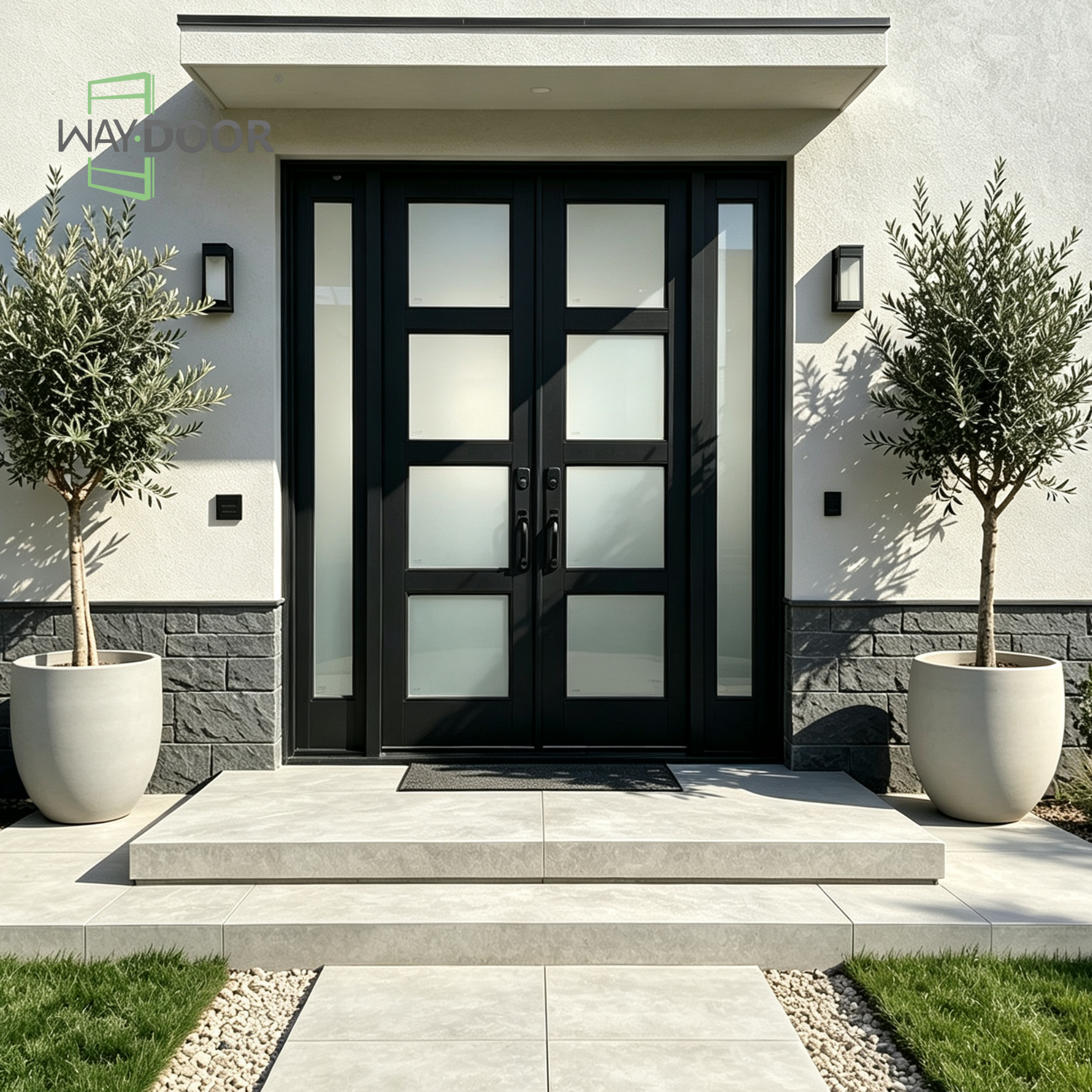 Black Solid Wood Double Entry Door with Sidelites