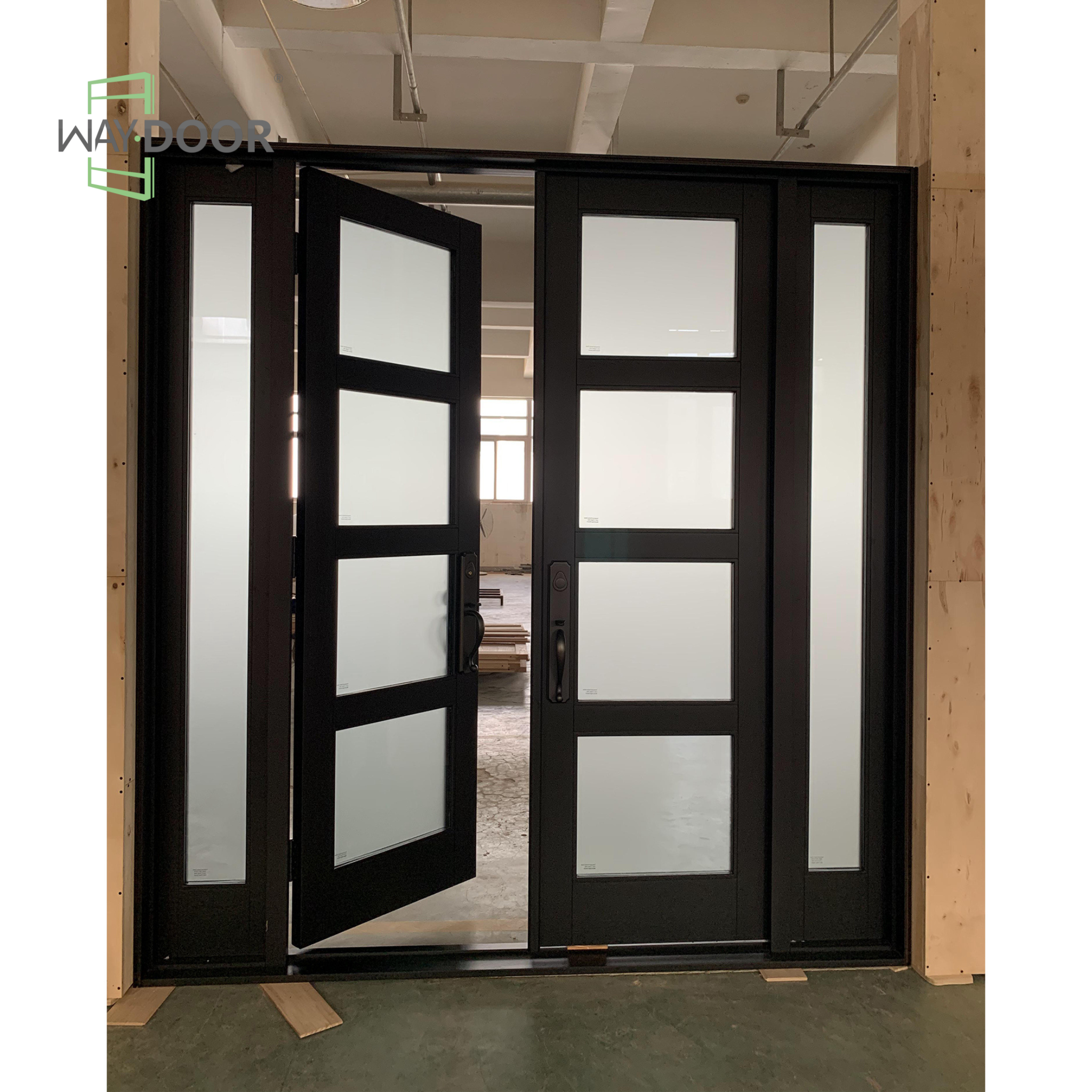 Black Solid Wood Double Entry Door with Sidelites