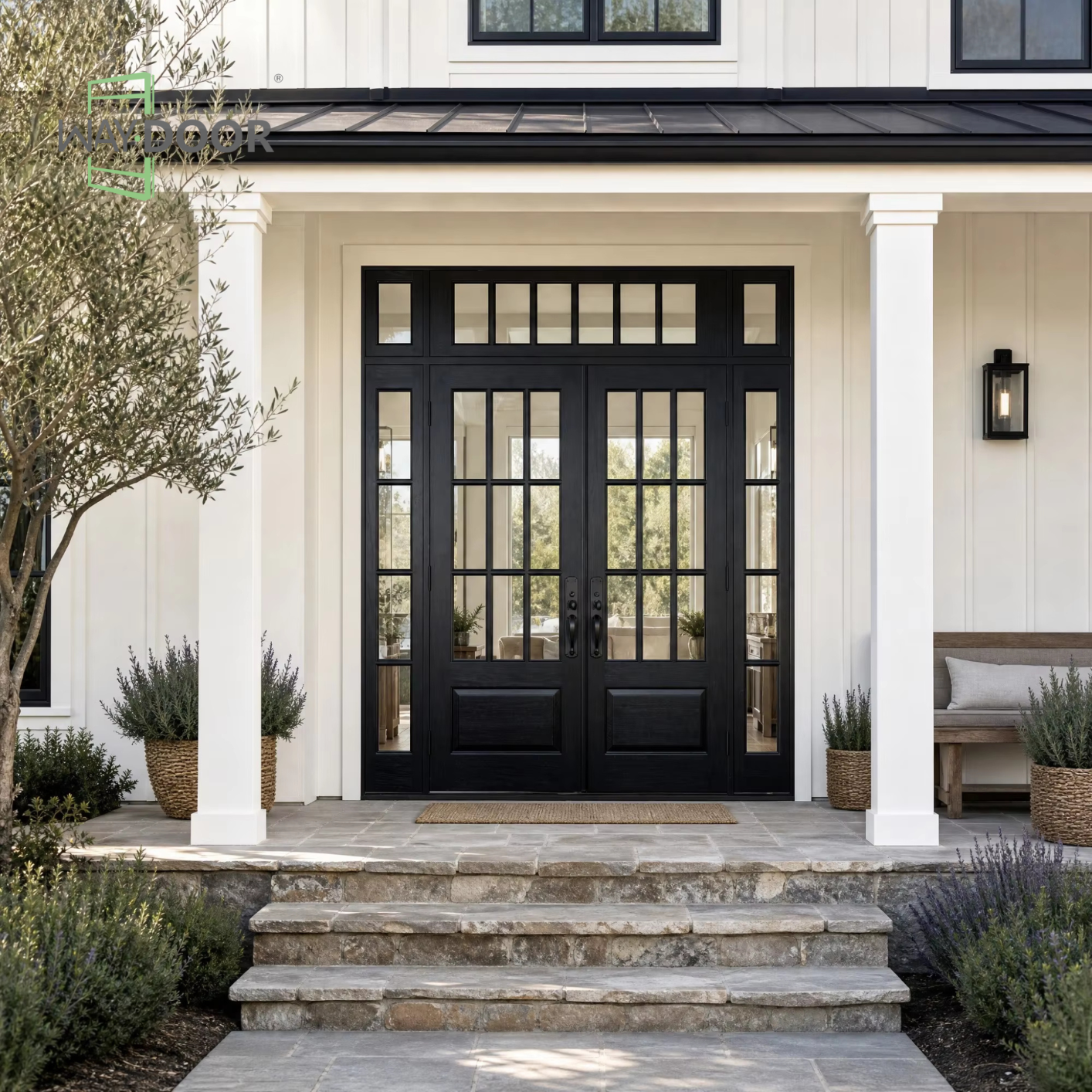 Black Solid Wood Hinged Exterior Double Door with Sidelights and Transom