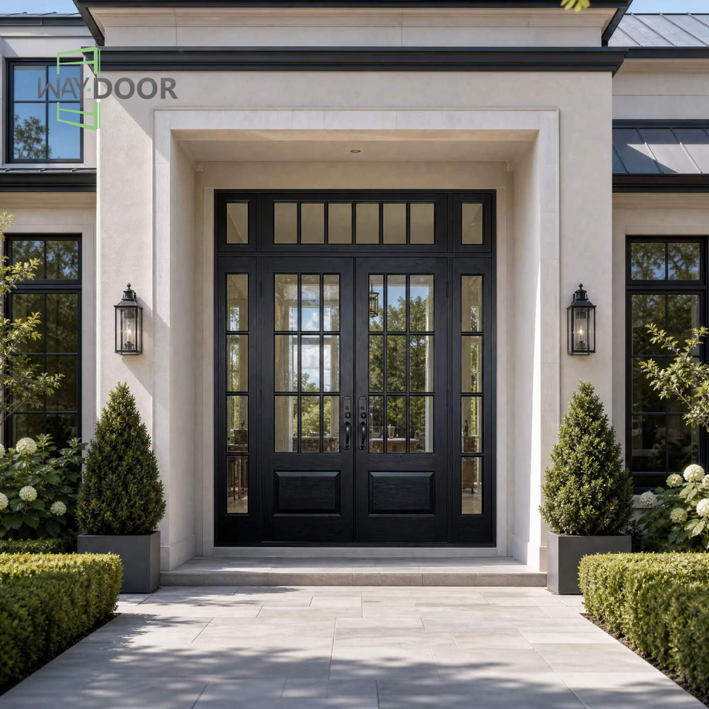 Black Solid Wood Hinged Exterior Double Door with Sidelights and Transom